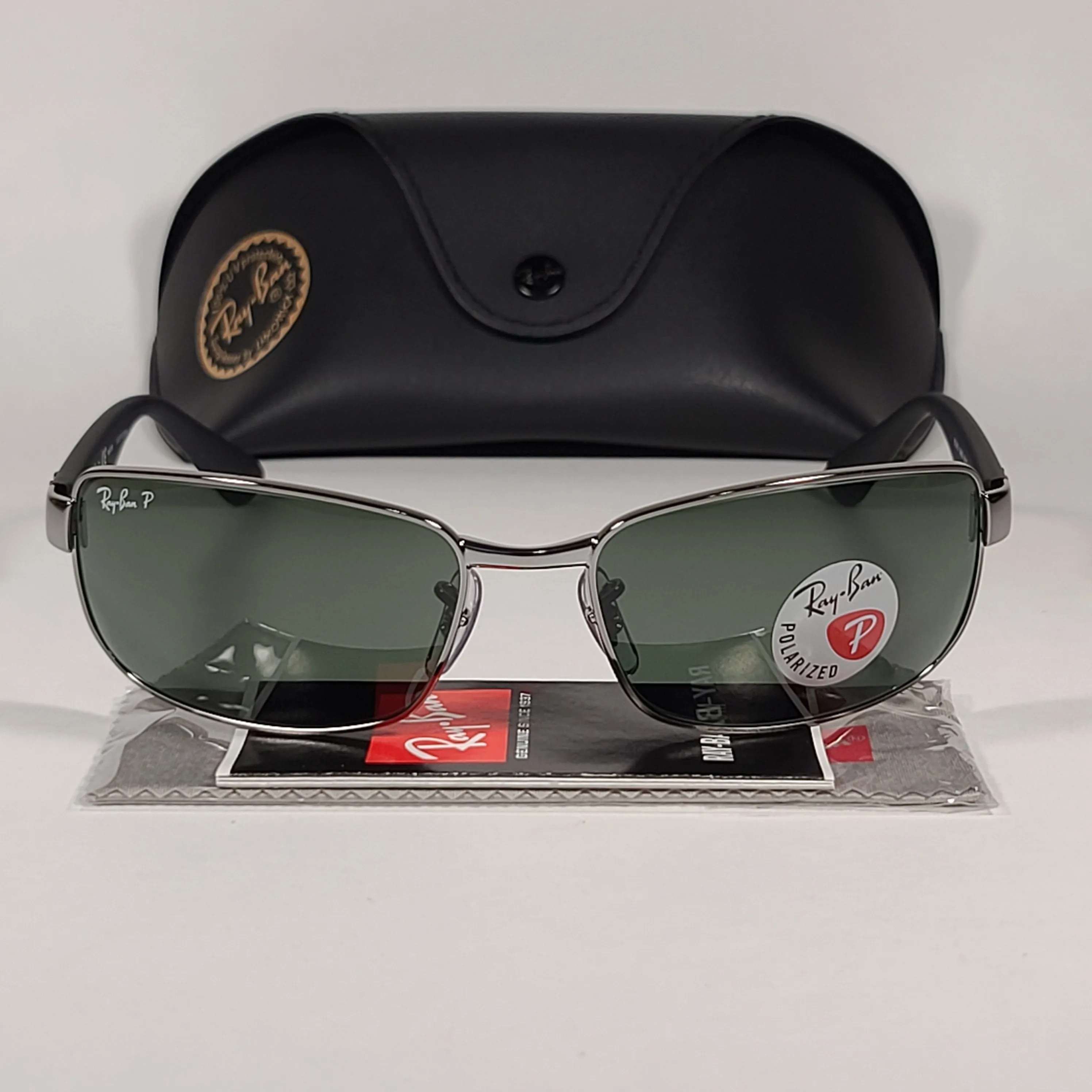 Ray-Ban Polarized Rectangle Sunglasses Gunmetal Matte Black Frame Gray Green Lens RB3478 004/58