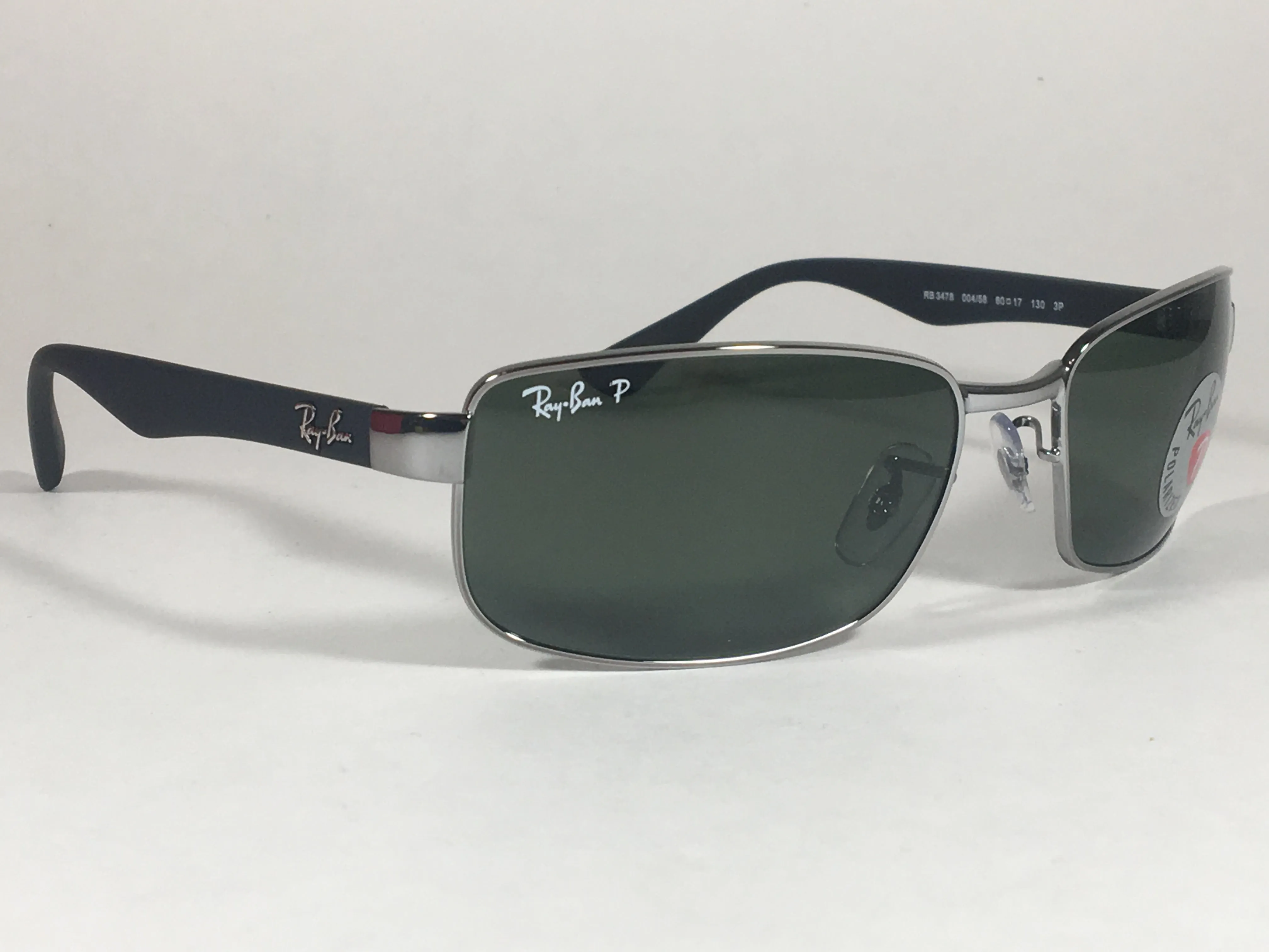 Ray-Ban Polarized Rectangle Sunglasses Gunmetal Matte Black Frame Gray Green Lens RB3478 004/58