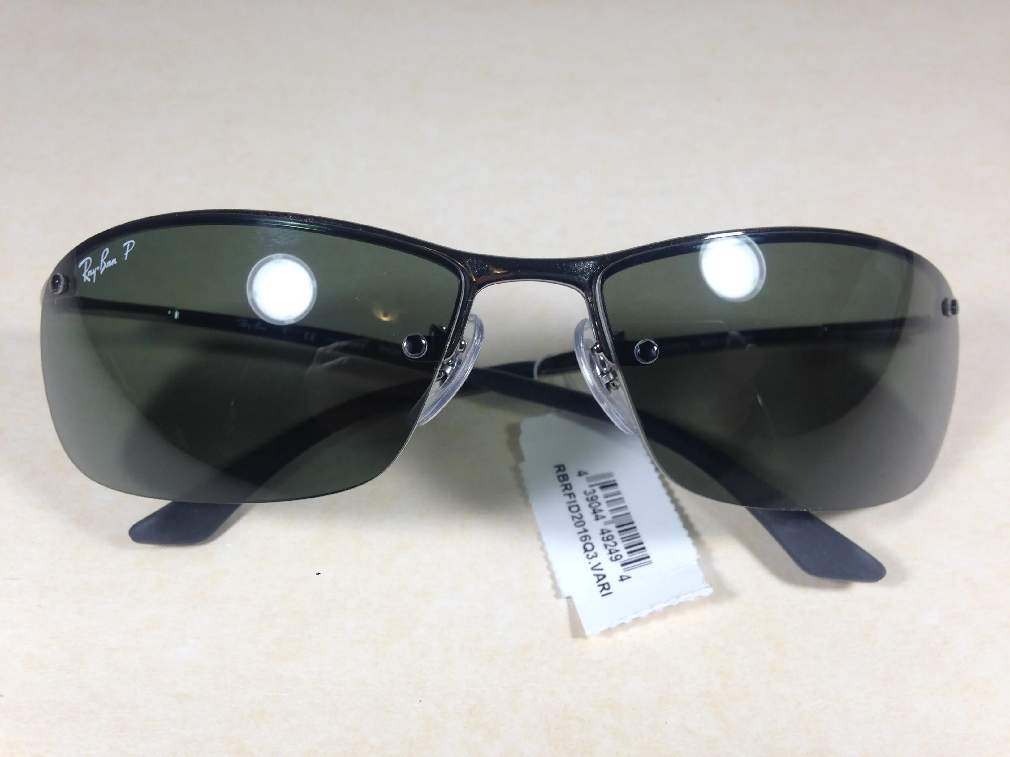 Ray-Ban Tech Polarized Rimless Sunglasses RB3183 004/9A Silver Gunmetal Frame Gray Green Lens