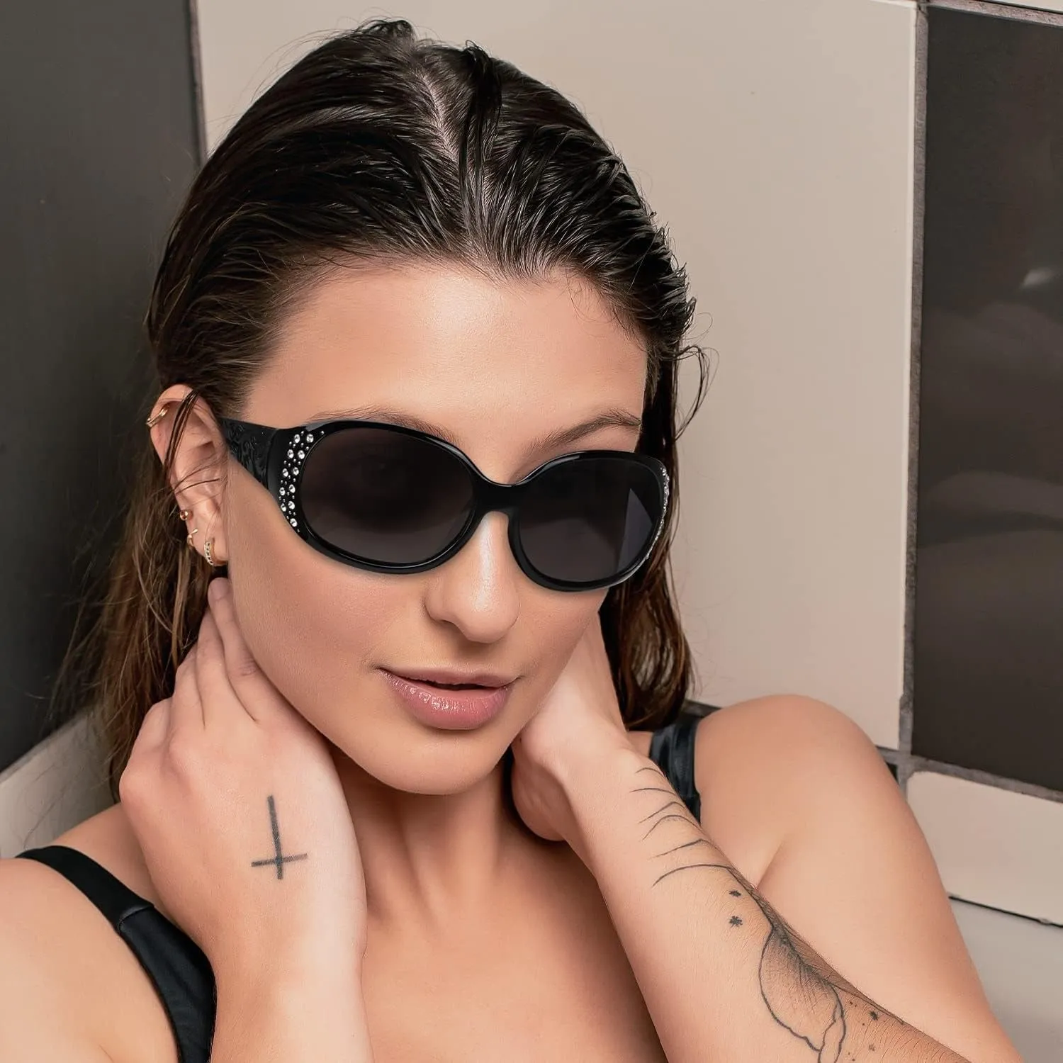 Rhinestone Wrap Around Polarized Sunglasses with UV400 Protection