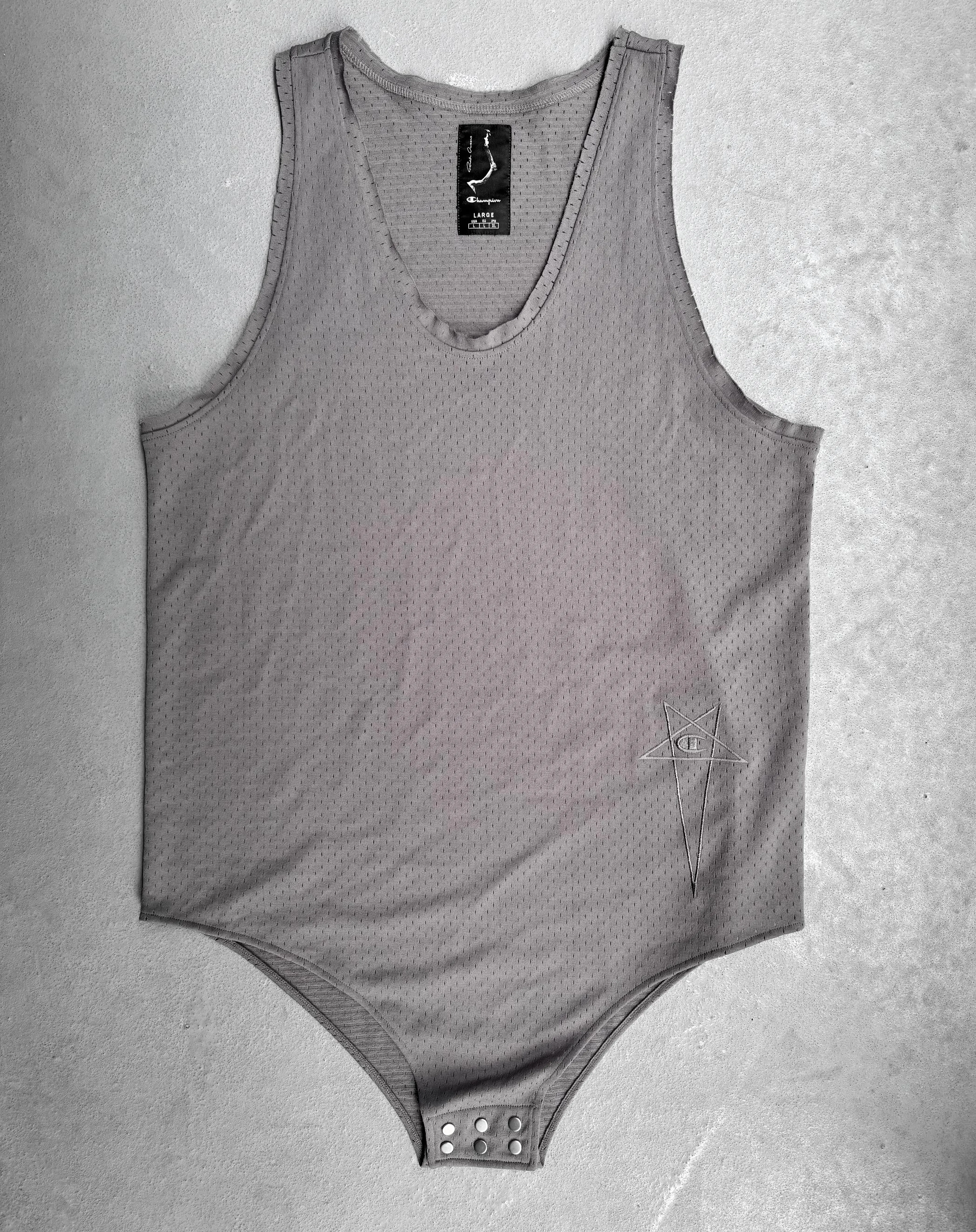 Rick Owens x CHAMPION SS21 “PHLEGETHON” Grey Bodysuit Snap Mesh Tank-top