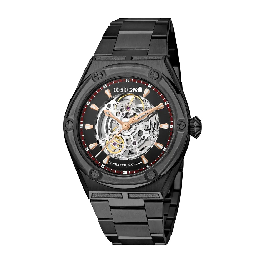 Roberto Cavalli Men's Watch Matte Black Metal Bracelet With Black Case & Skeleton Dial