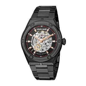 Roberto Cavalli Men's Watch Matte Black Metal Bracelet With Black Case & Skeleton Dial