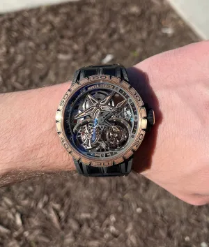 Roger Dubuis Men's Excalibur Spider Flying Double Tourbillion 18K Pink Gold & Carbon 47mm Openworked Skeleton Dial Watch Reference: RDDBEX0674