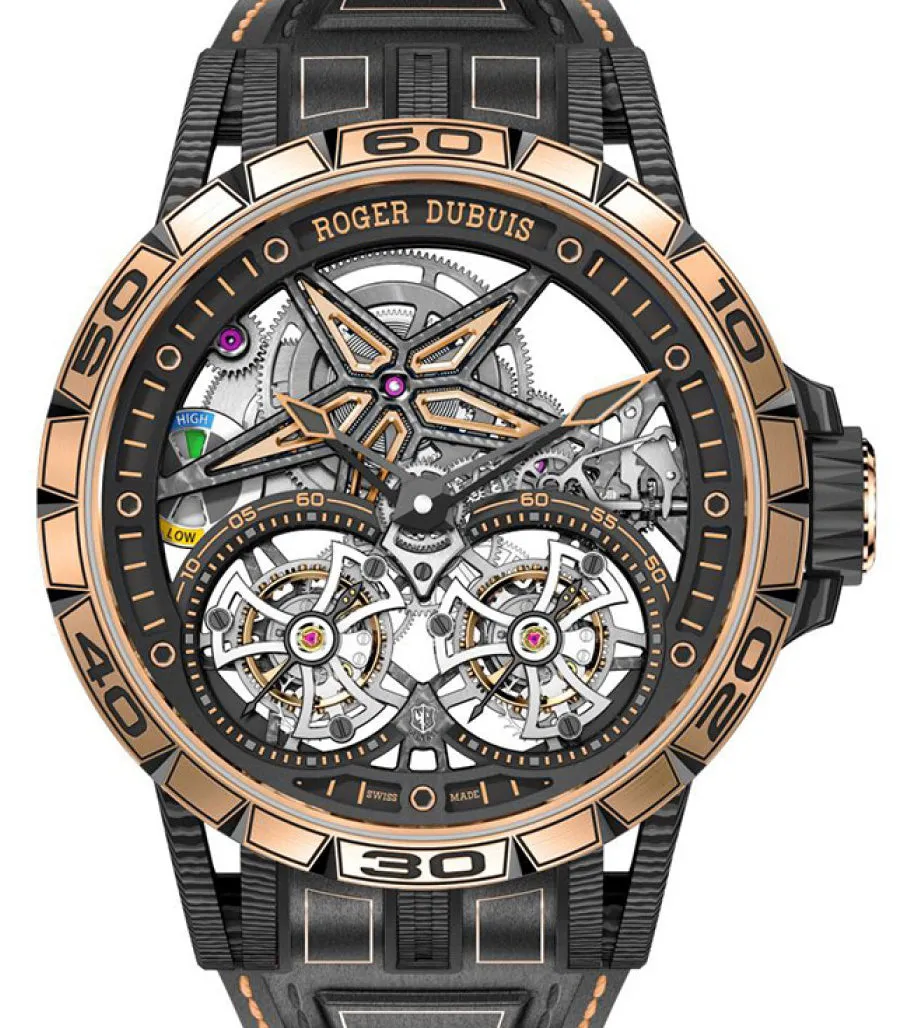 Roger Dubuis Men's Excalibur Spider Flying Double Tourbillion 18K Pink Gold & Carbon 47mm Openworked Skeleton Dial Watch Reference: RDDBEX0674