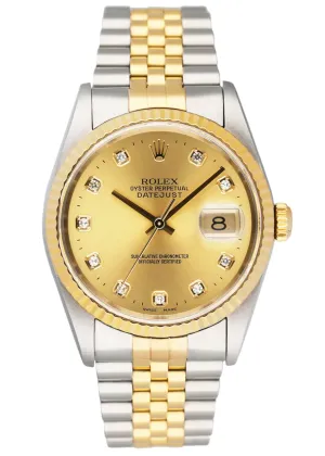 Rolex Datejust 16233 Diamond Champagne Dial Mens Watch Box Papers