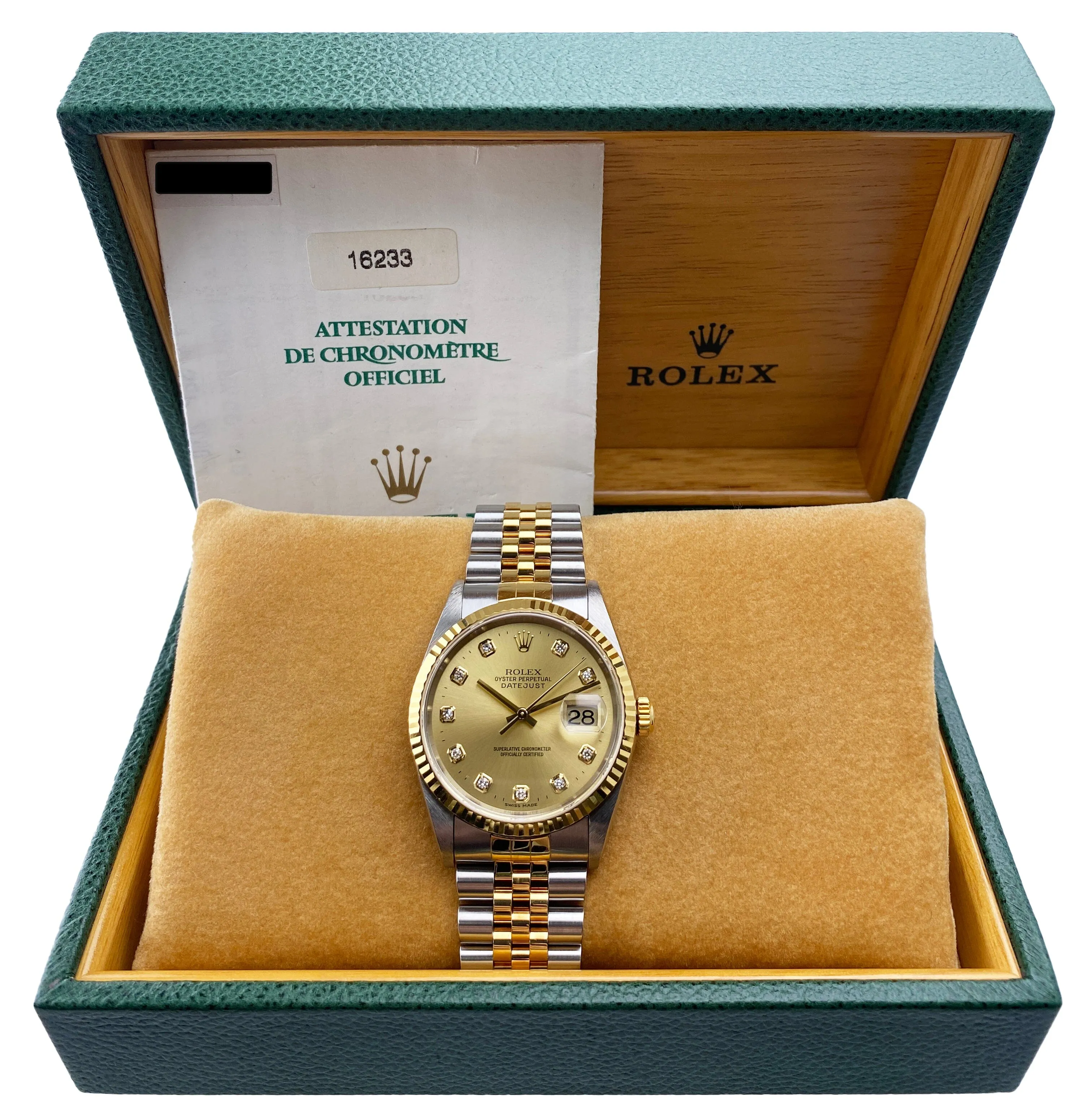 Rolex Datejust 16233 Diamond Champagne Dial Mens Watch Box Papers