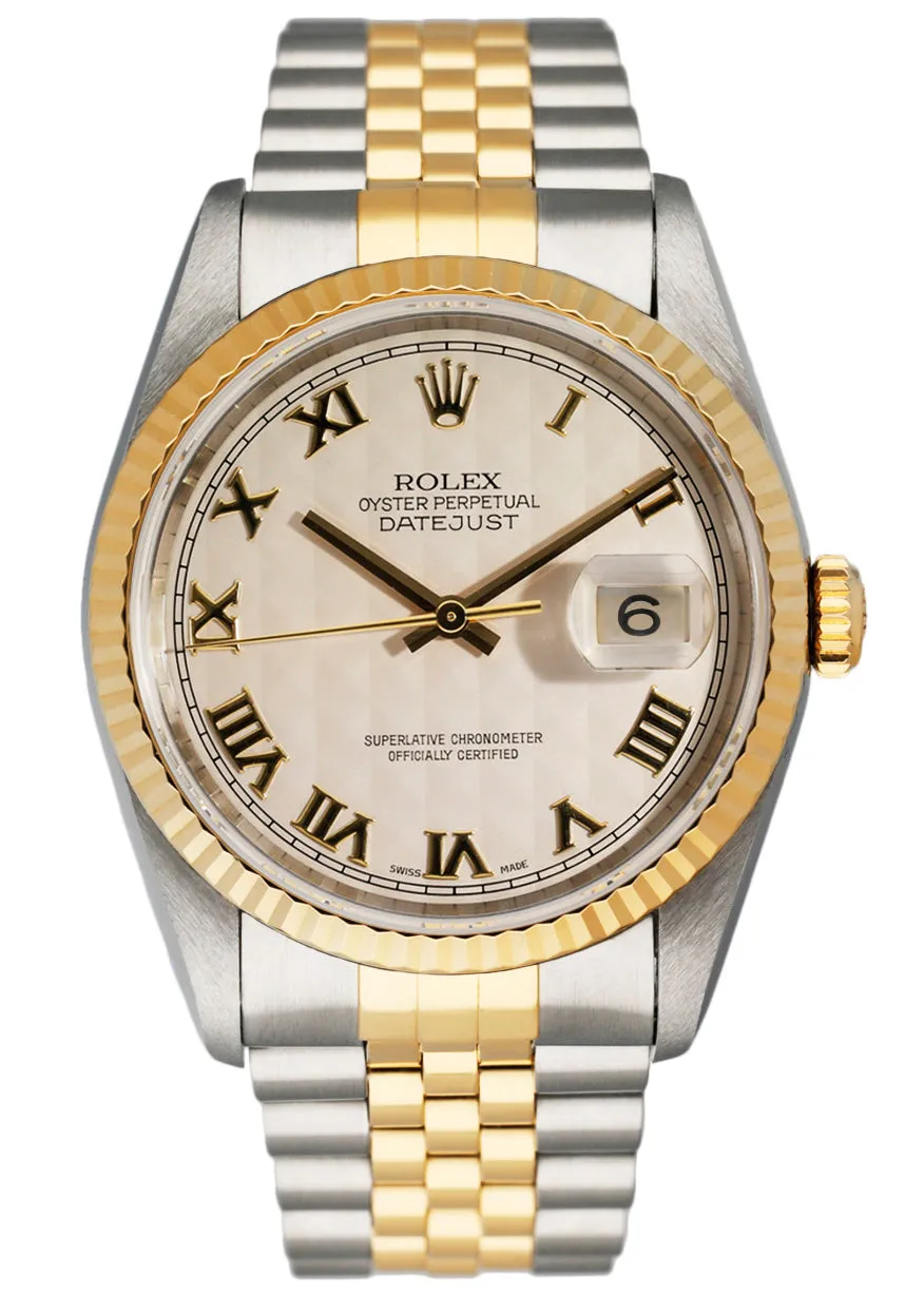 Rolex Datejust 16233 Ivory Pyramid Dial Mens Watch