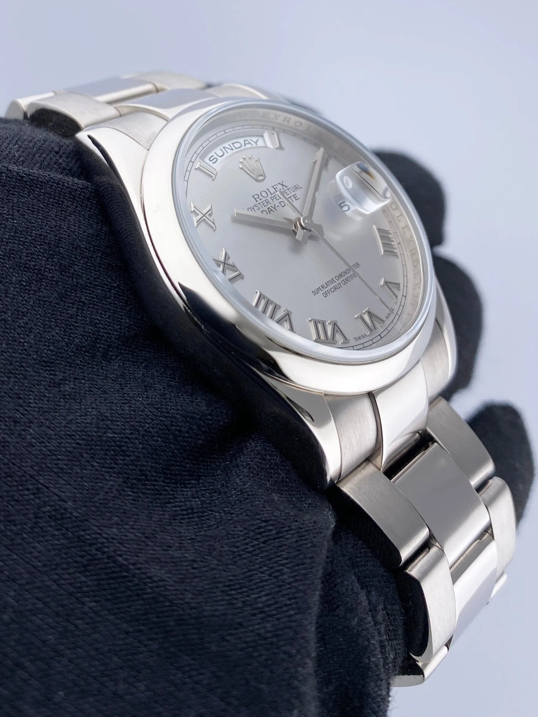 Rolex Day-Date 118209 Silver Dial 18K White Gold Mens Watch