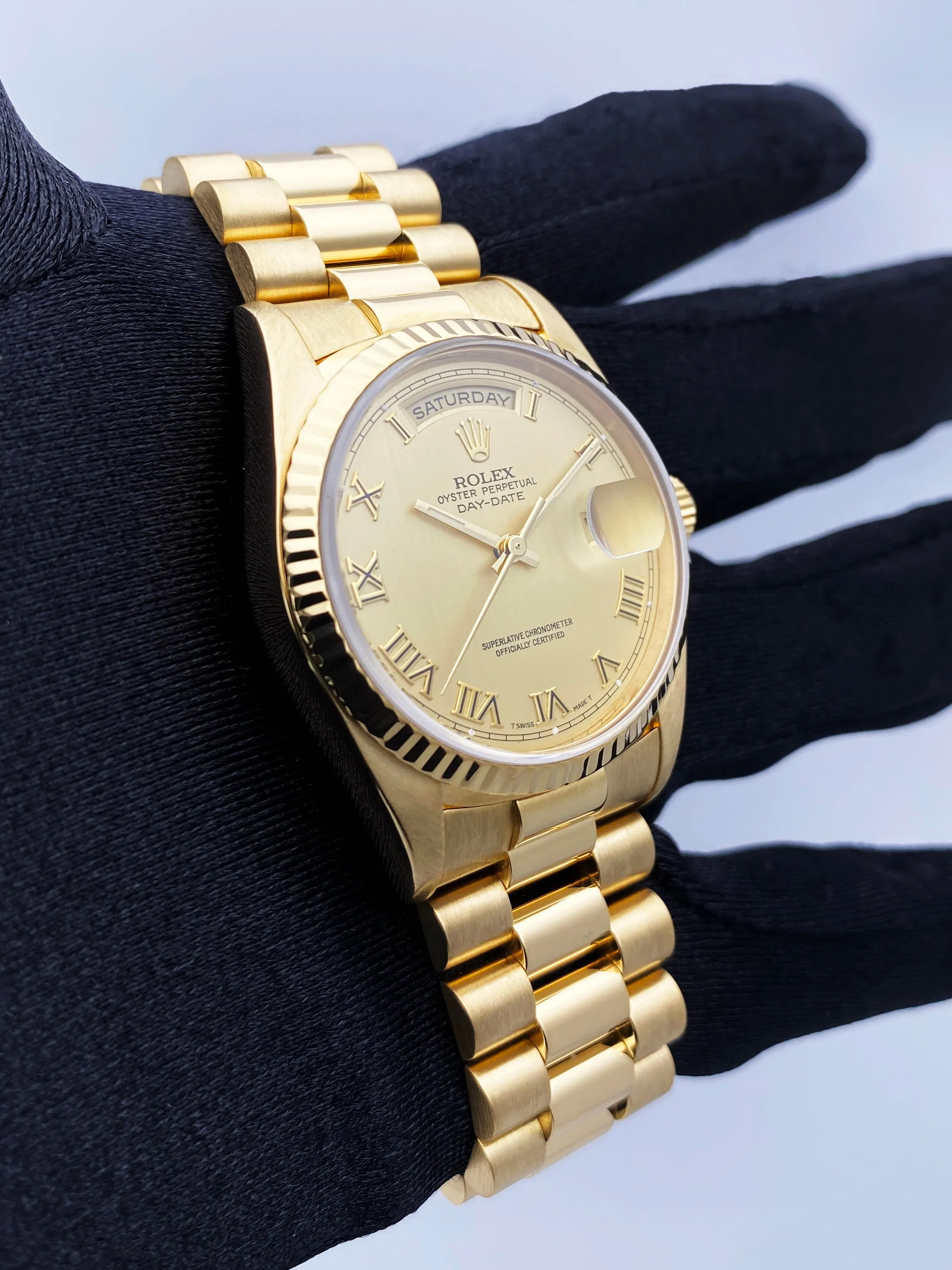 Rolex Day Date 18238 18K Yellow Gold Mens Watch Box Papers