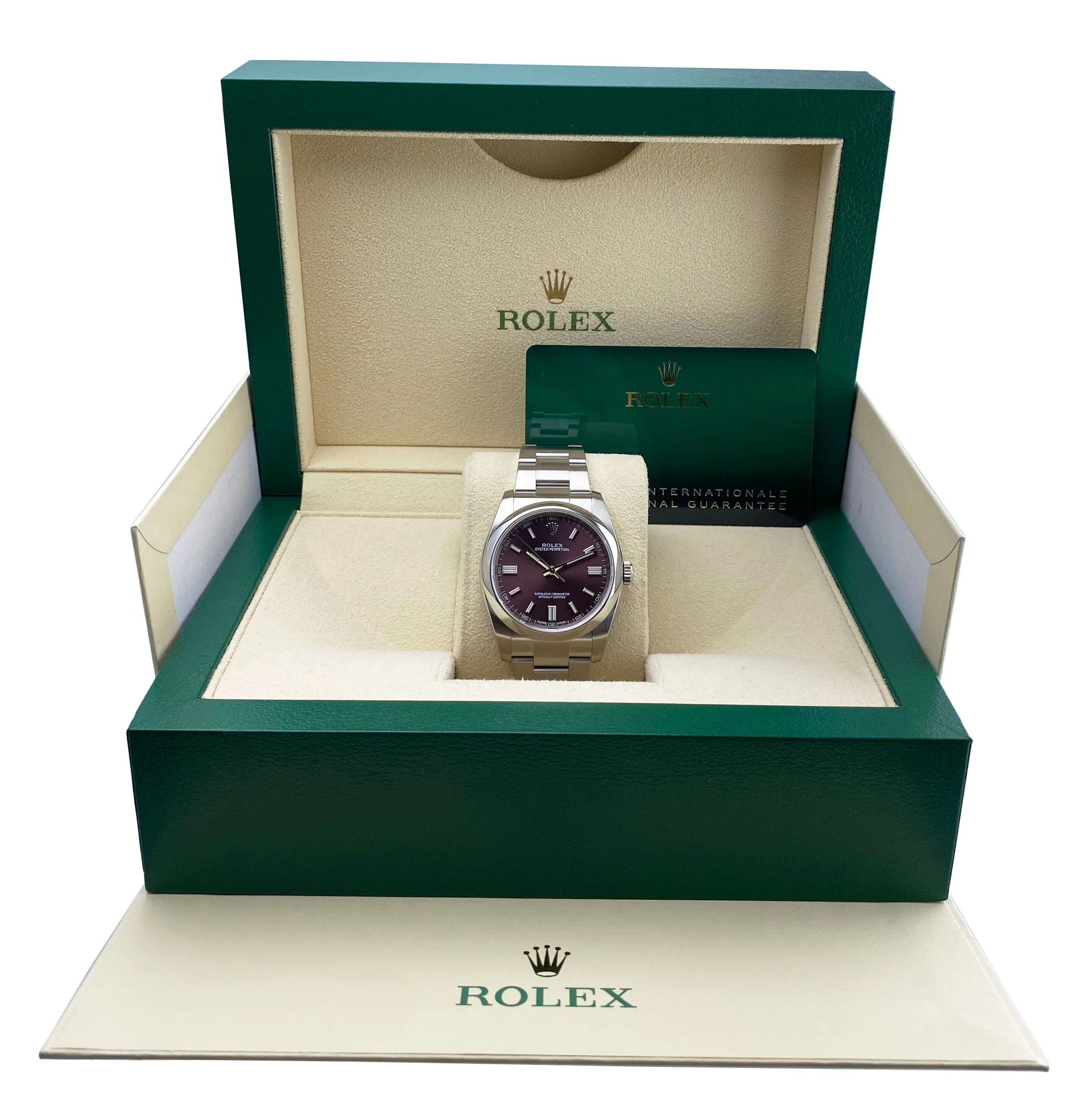 Rolex Oyster Perpetual 116000 Grape Dial Steel Mens Watch Box Papers