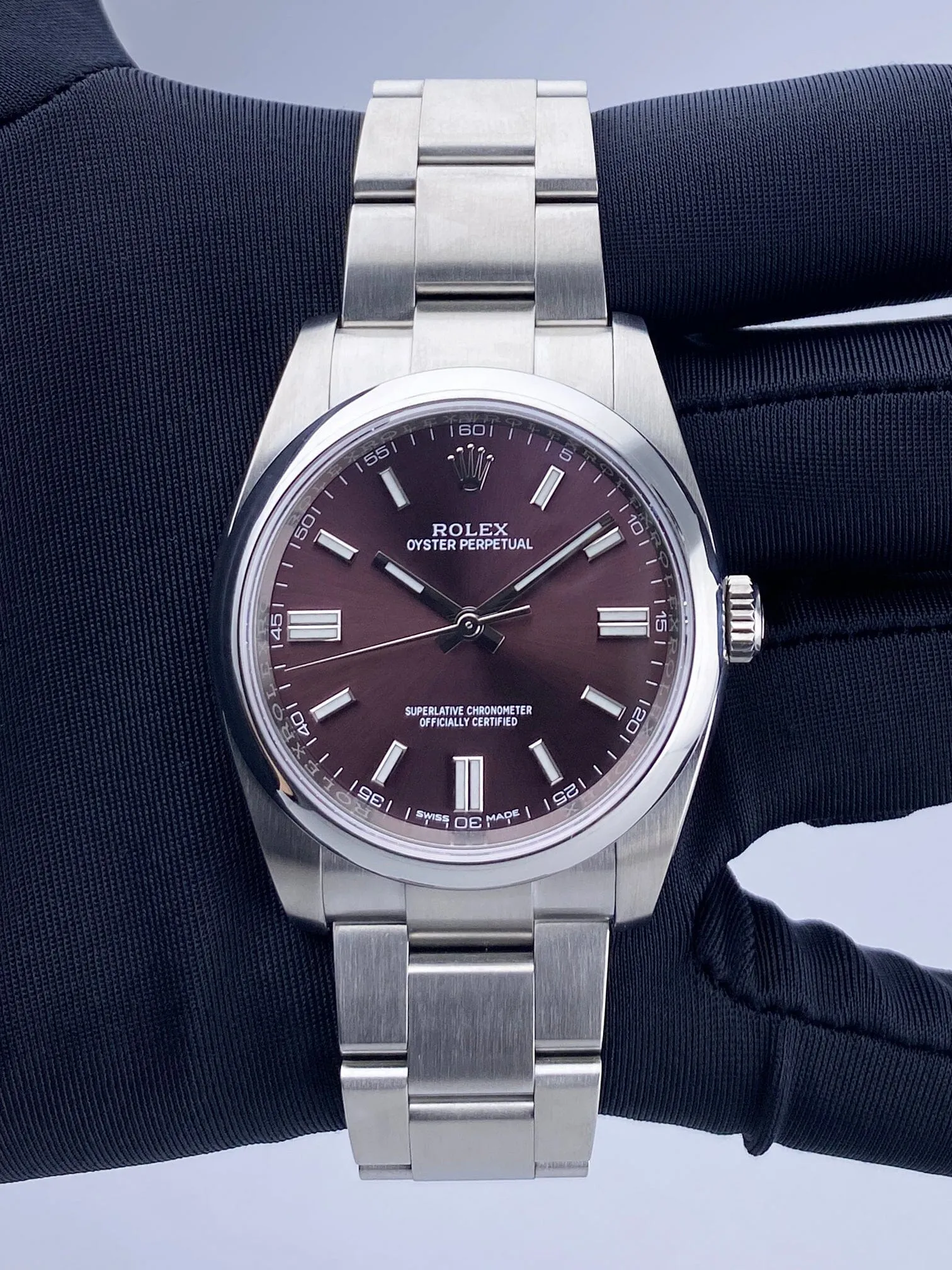 Rolex Oyster Perpetual 116000 Grape Dial Steel Mens Watch Box Papers