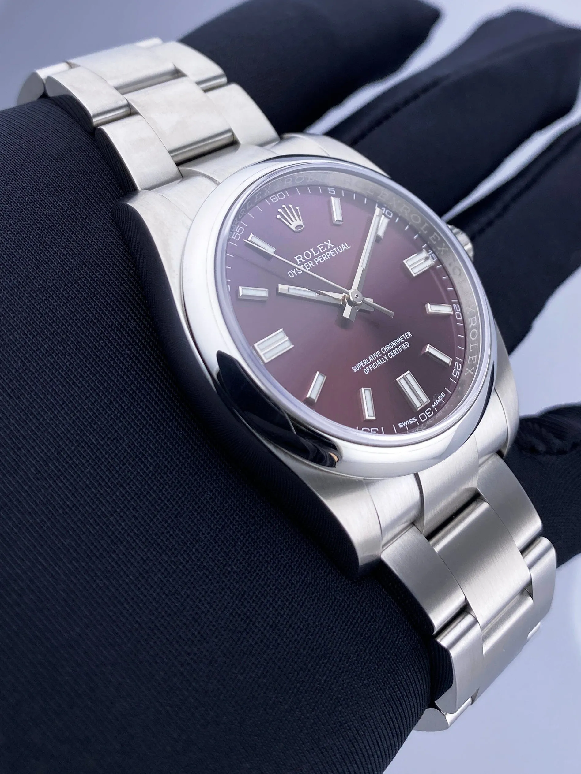 Rolex Oyster Perpetual 116000 Grape Dial Steel Mens Watch Box Papers