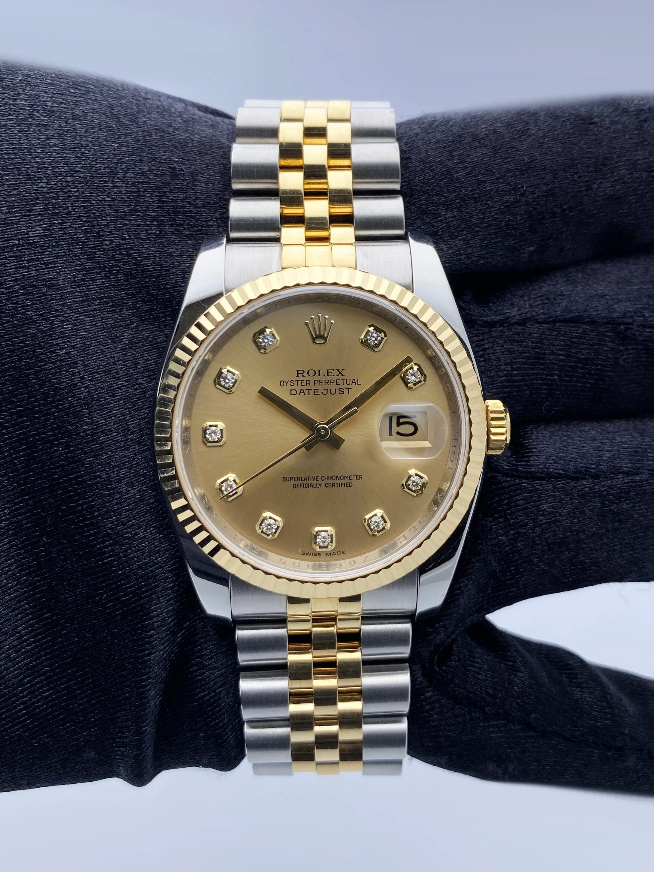Rolex Oyster Perpetual Datejust 116233 Diamond Champagne Dial Engraved Mens Watch