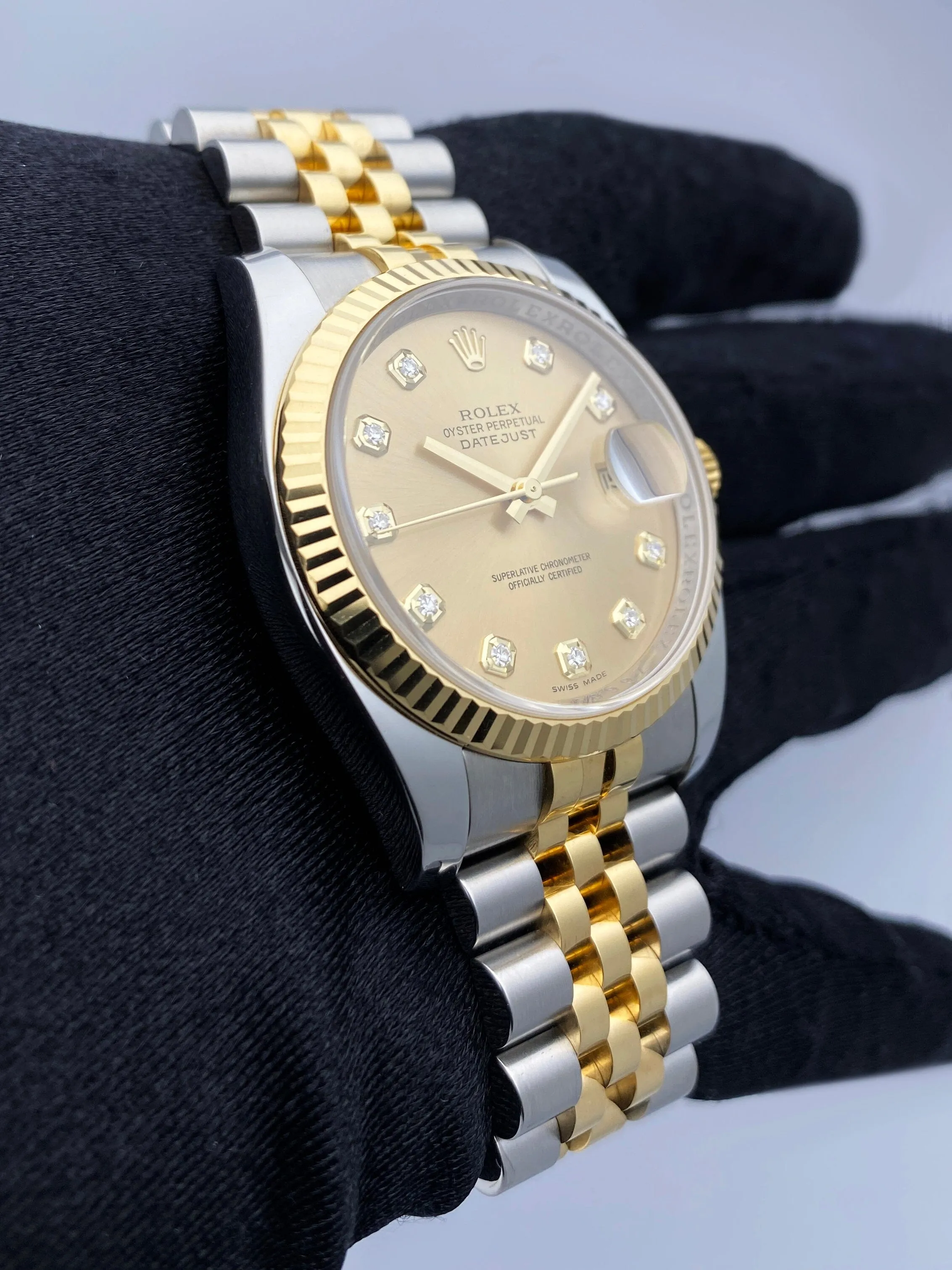 Rolex Oyster Perpetual Datejust 116233 Diamond Champagne Dial Engraved Mens Watch