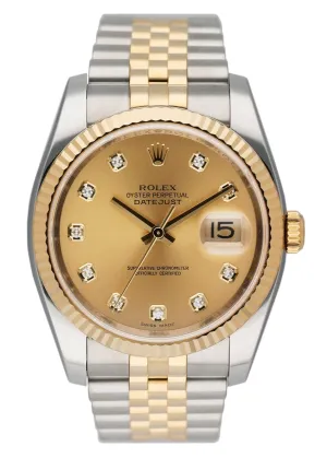 Rolex Oyster Perpetual Datejust 116233 Diamond Champagne Dial Engraved Mens Watch
