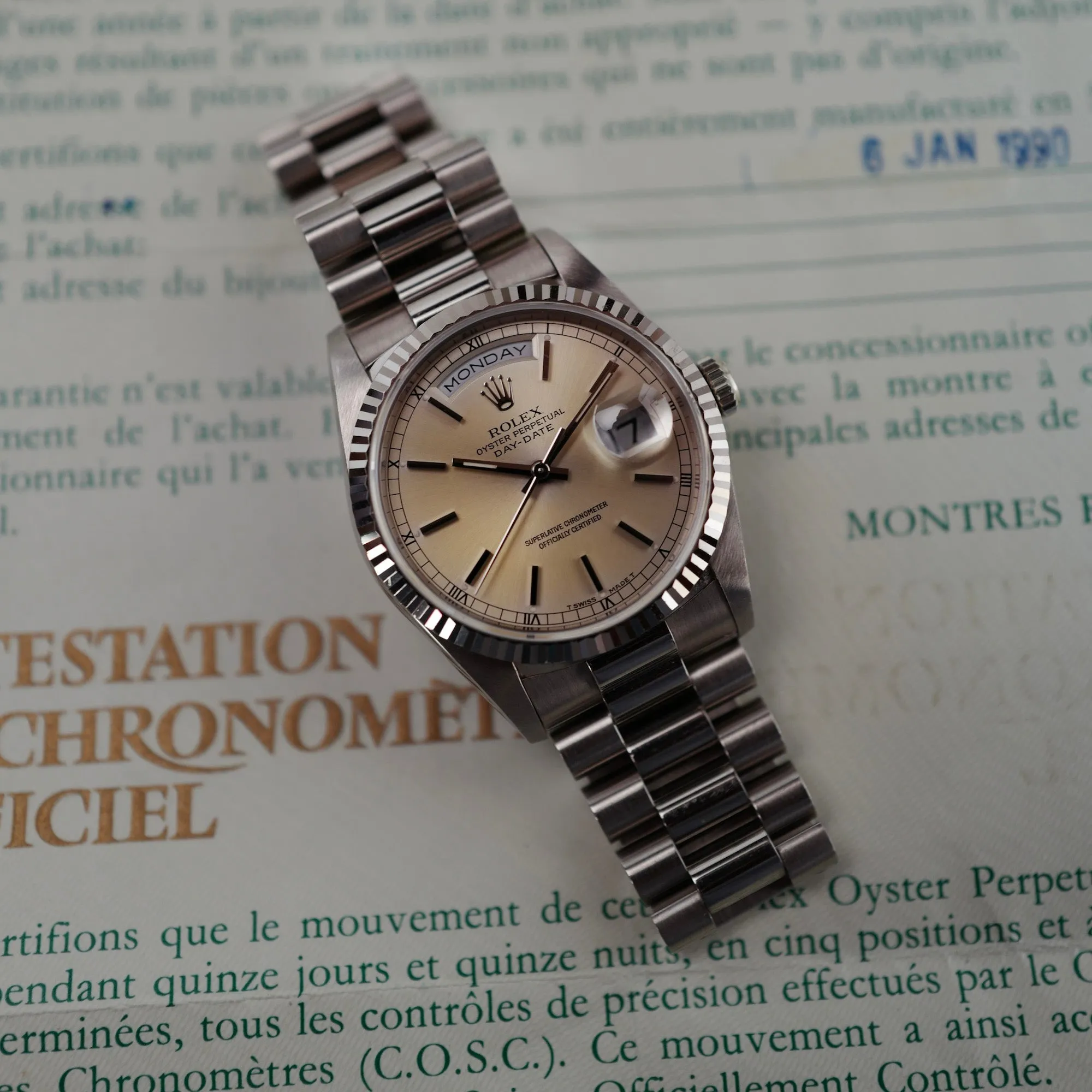 Rolex White Gold Day Date 18239 Lemon Dial with Original Paper