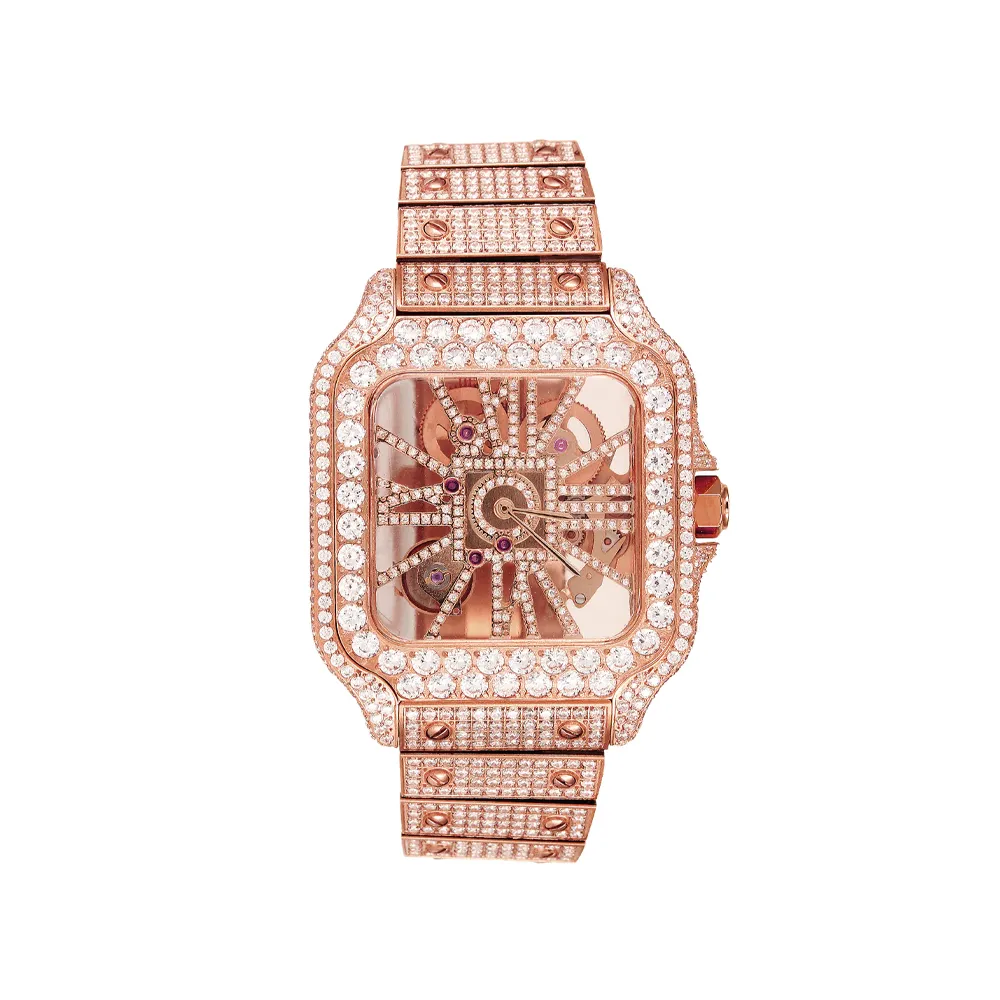 Rose Gold Tone Moissanite Skeleton Stainless Steel Watch