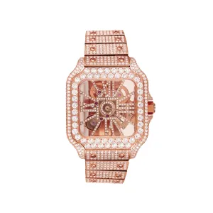 Rose Gold Tone Moissanite Skeleton Stainless Steel Watch