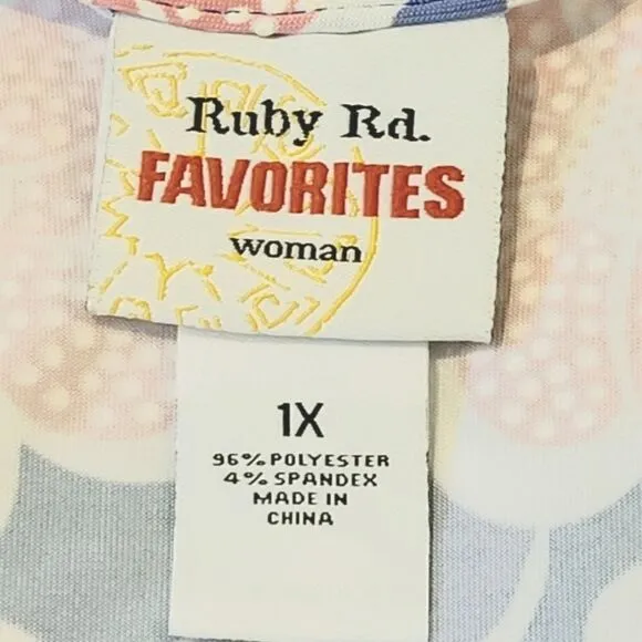 Ruby Rd Favorites Blue Floral Patterned Square Neck Ruffle Sleeve Dress Size 1X