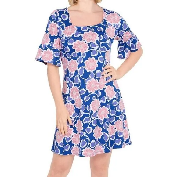 Ruby Rd Favorites Blue Floral Patterned Square Neck Ruffle Sleeve Dress Size 1X