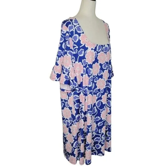 Ruby Rd Favorites Blue Floral Patterned Square Neck Ruffle Sleeve Dress Size 1X