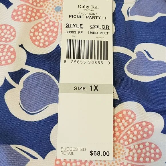 Ruby Rd Favorites Blue Floral Patterned Square Neck Ruffle Sleeve Dress Size 1X