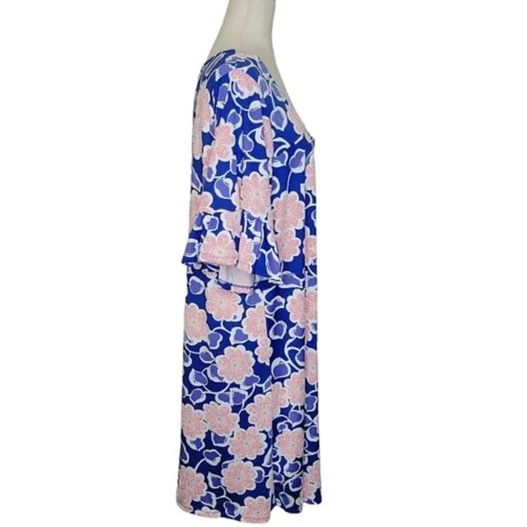 Ruby Rd Favorites Blue Floral Patterned Square Neck Ruffle Sleeve Dress Size 1X