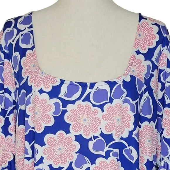Ruby Rd Favorites Blue Floral Patterned Square Neck Ruffle Sleeve Dress Size 1X