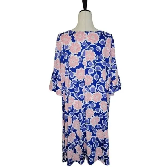 Ruby Rd Favorites Blue Floral Patterned Square Neck Ruffle Sleeve Dress Size 1X
