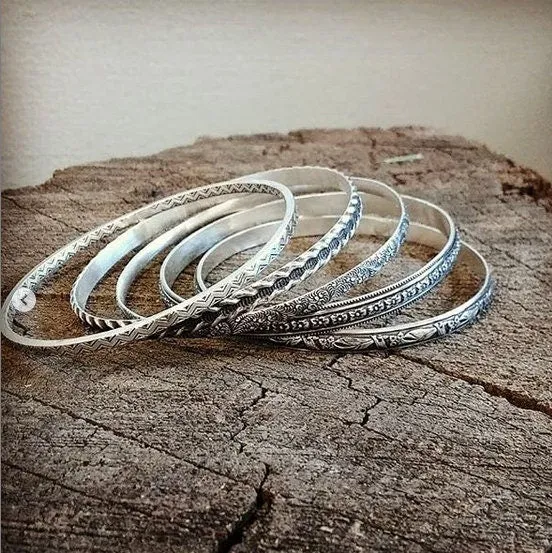 Stacking Bangle Set in Sterling Silver with floral patterning