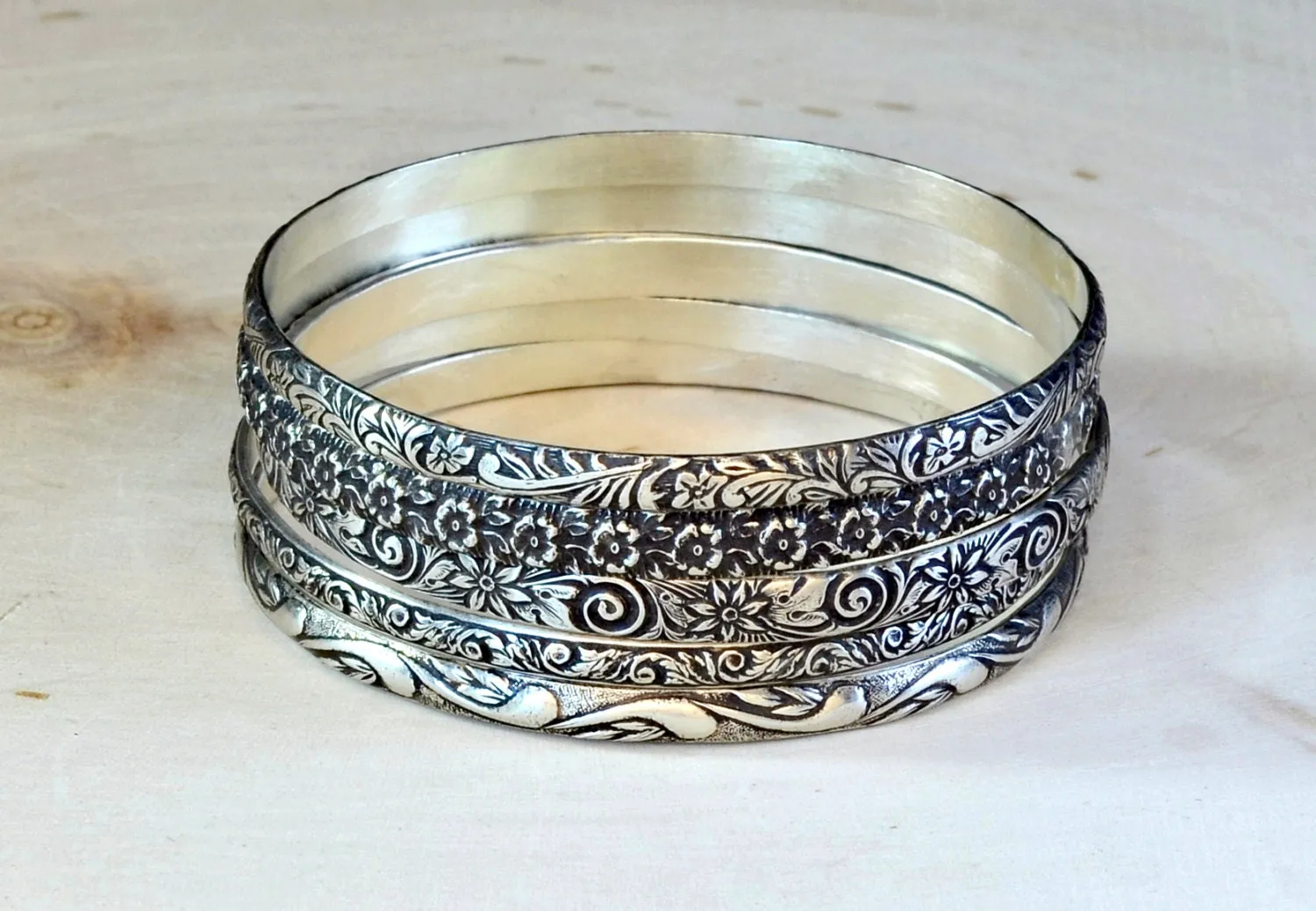 Sterling Silver Stacking Bangle Set with various Floral themes and patinas