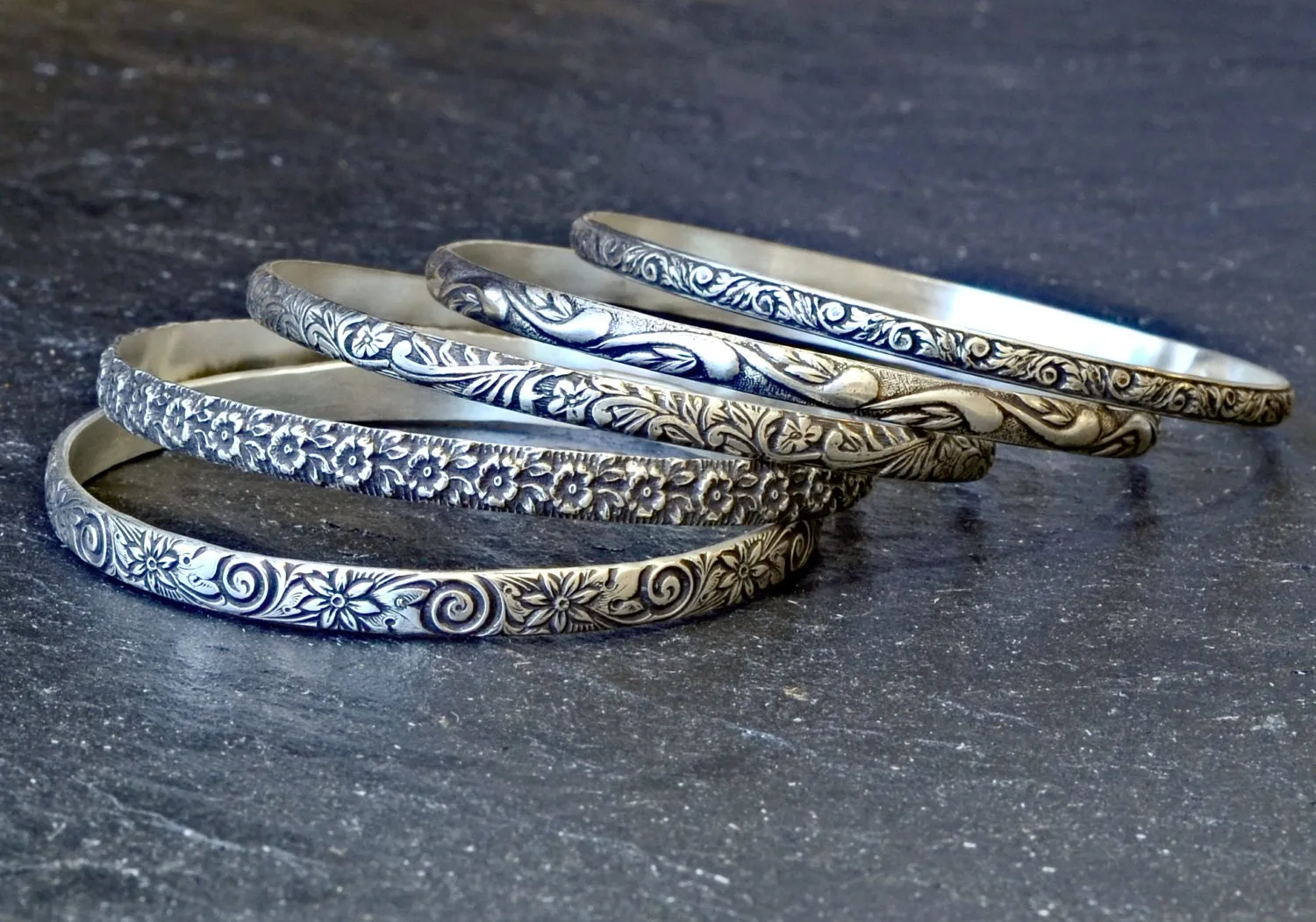 Sterling Silver Stacking Bangle Set with various Floral themes and patinas
