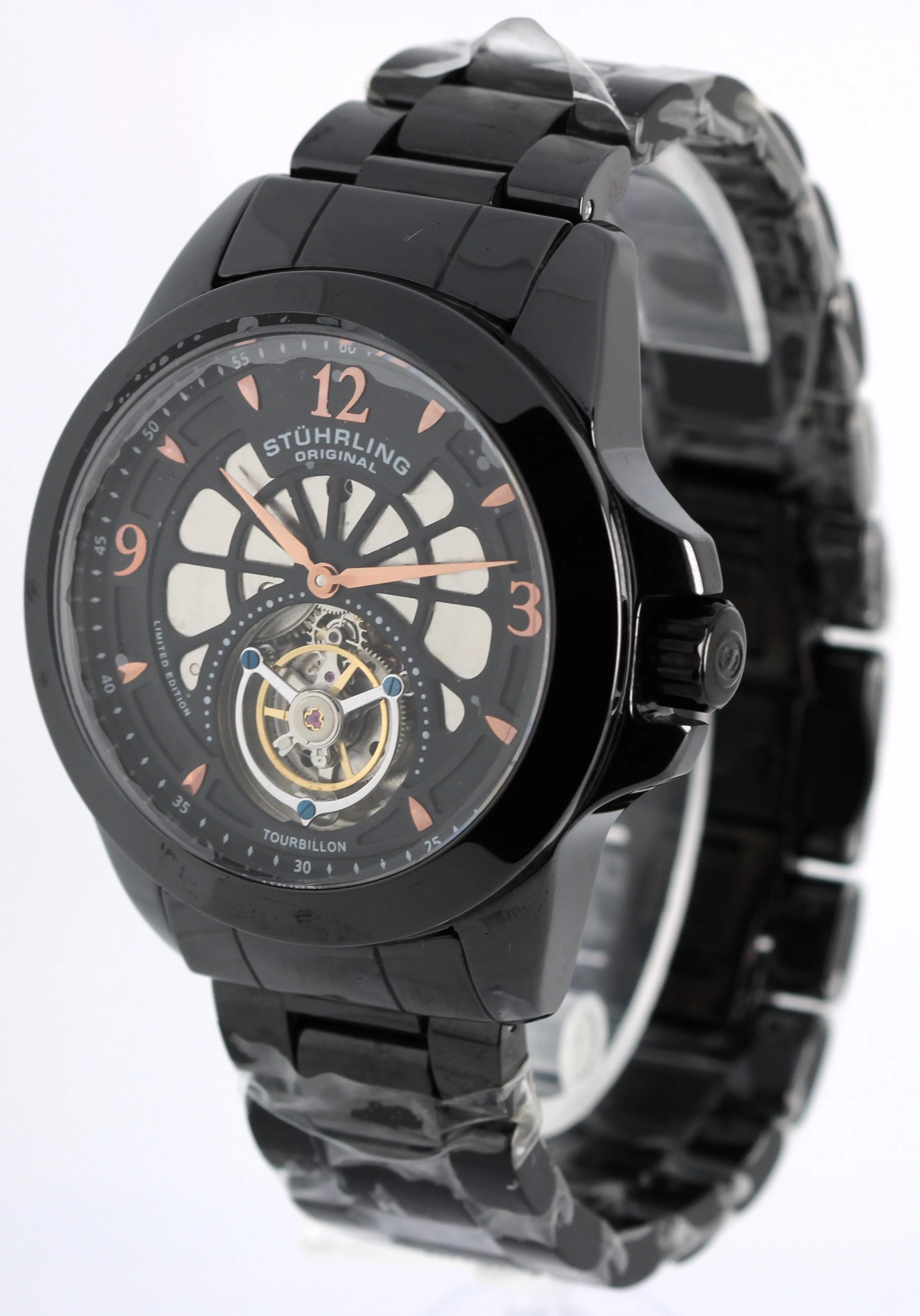 Stuhrling The Pinnacle 47mm Tourbillon PAPERS Black Ceramic LTD Watch BOX