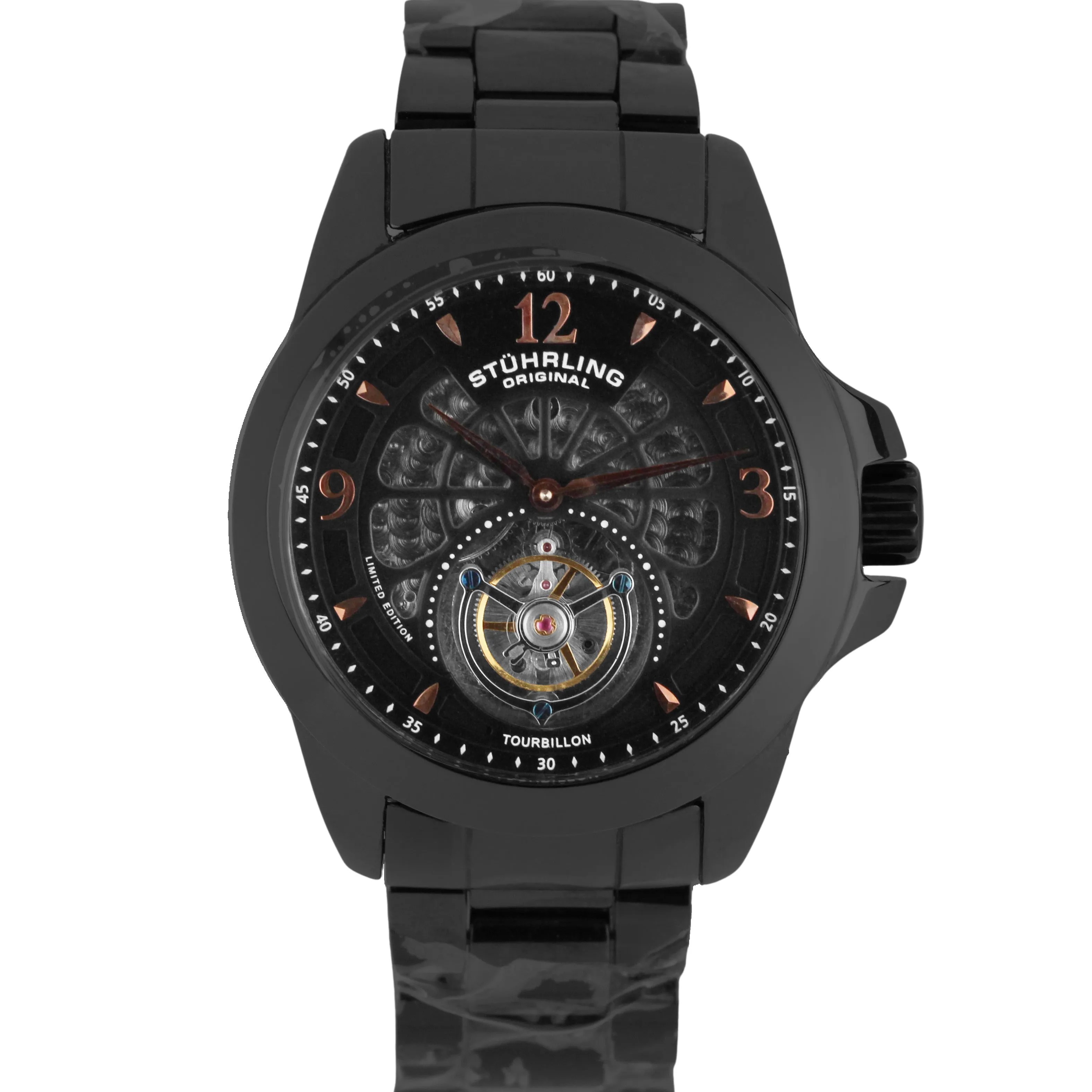 Stuhrling The Pinnacle 47mm Tourbillon PAPERS Black Ceramic LTD Watch BOX