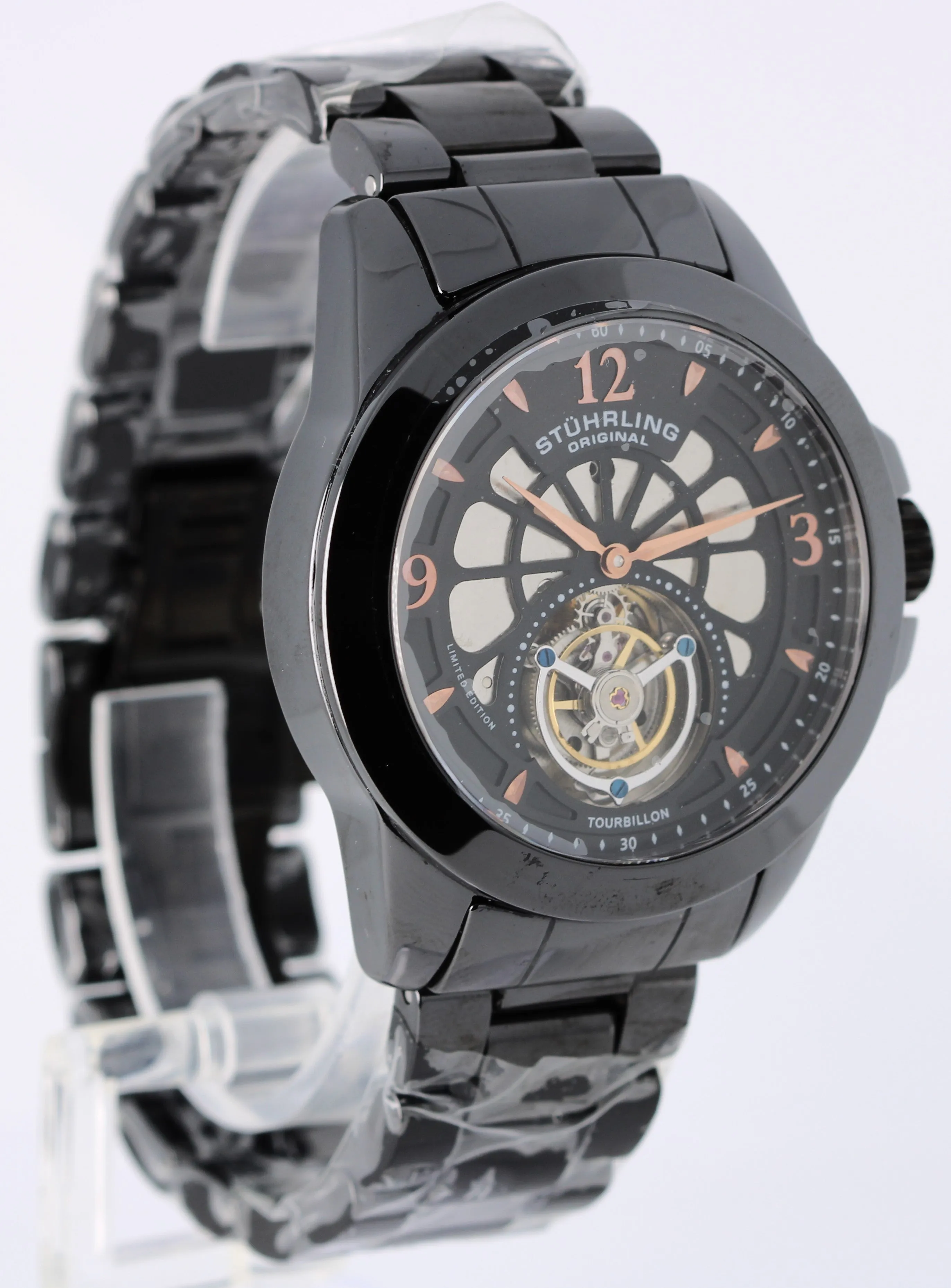 Stuhrling The Pinnacle 47mm Tourbillon PAPERS Black Ceramic LTD Watch BOX