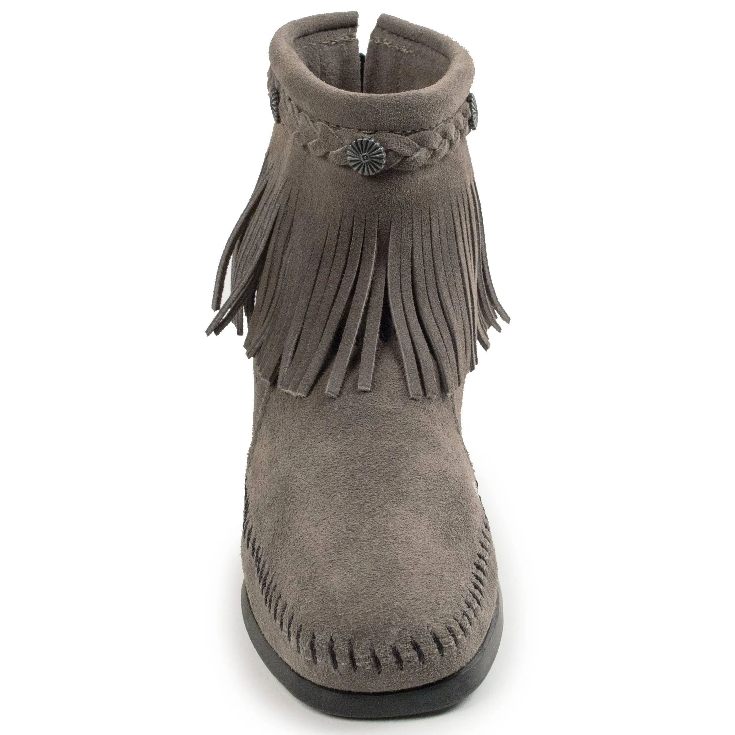 Suede Fringe High Top Back Zip Ankle Minnetonka Bootie: Med Grey