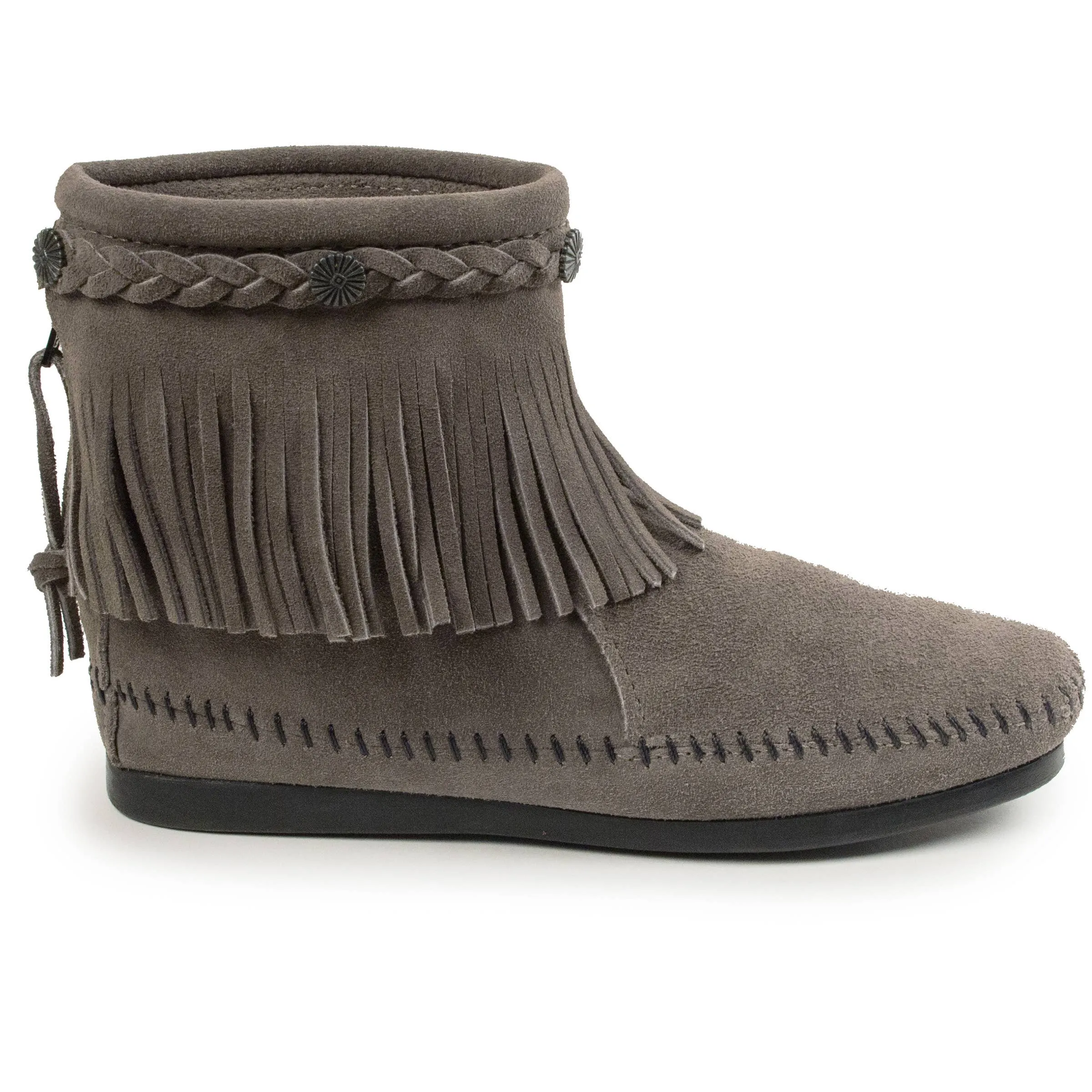 Suede Fringe High Top Back Zip Ankle Minnetonka Bootie: Med Grey