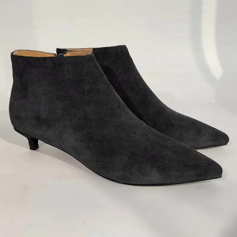 Suede Pointed Toe Side Zip 3.5CM Kitten Heels Short Booties Handmade Ladies Shoes