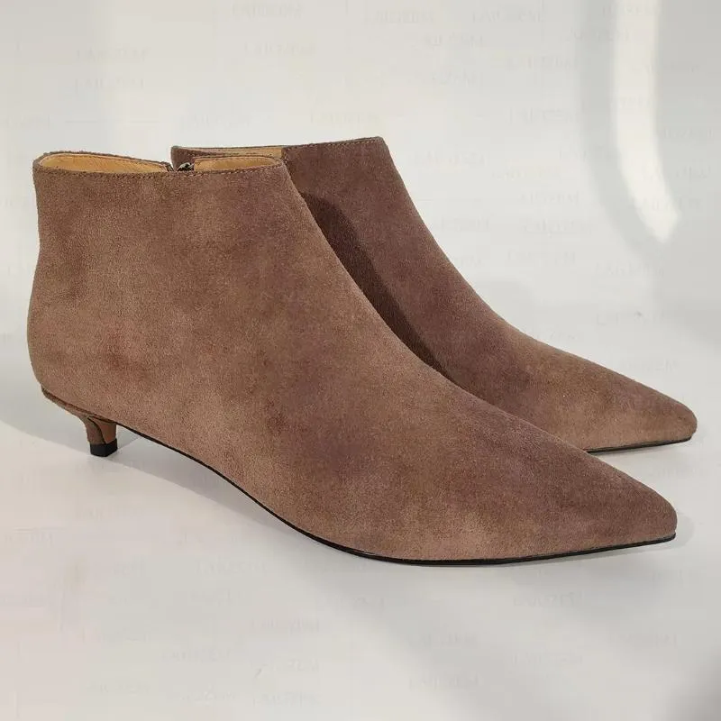 Suede Pointed Toe Side Zip 3.5CM Kitten Heels Short Booties Handmade Ladies Shoes