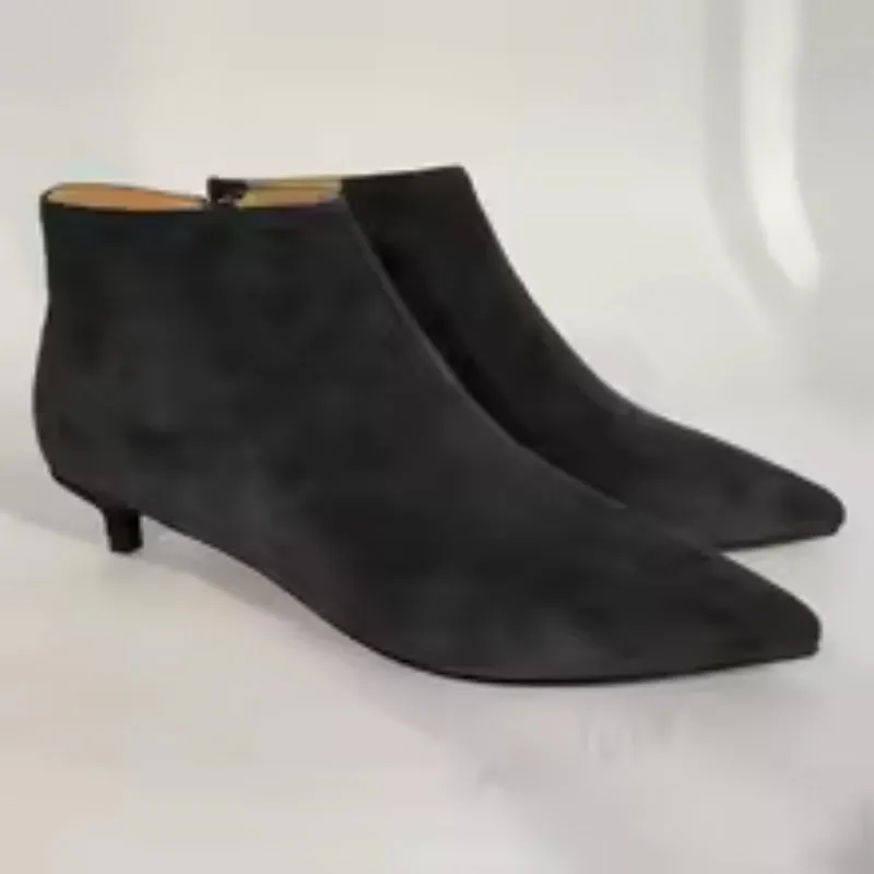 Suede Pointed Toe Side Zip 3.5CM Kitten Heels Short Booties Handmade Ladies Shoes