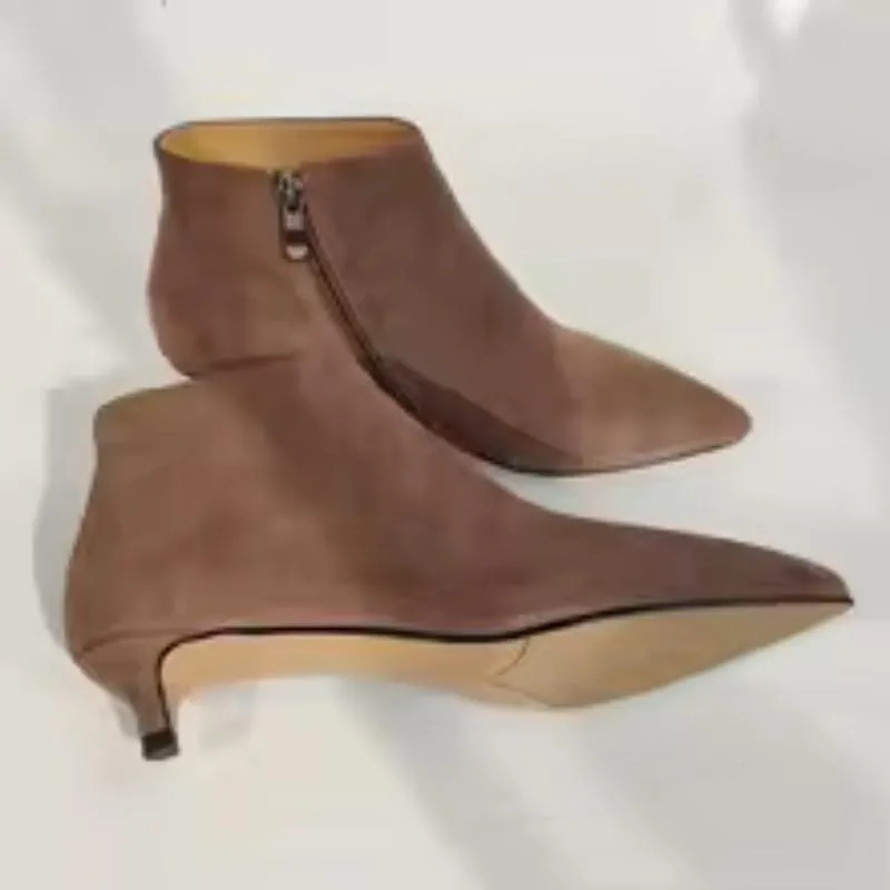 Suede Pointed Toe Side Zip 3.5CM Kitten Heels Short Booties Handmade Ladies Shoes