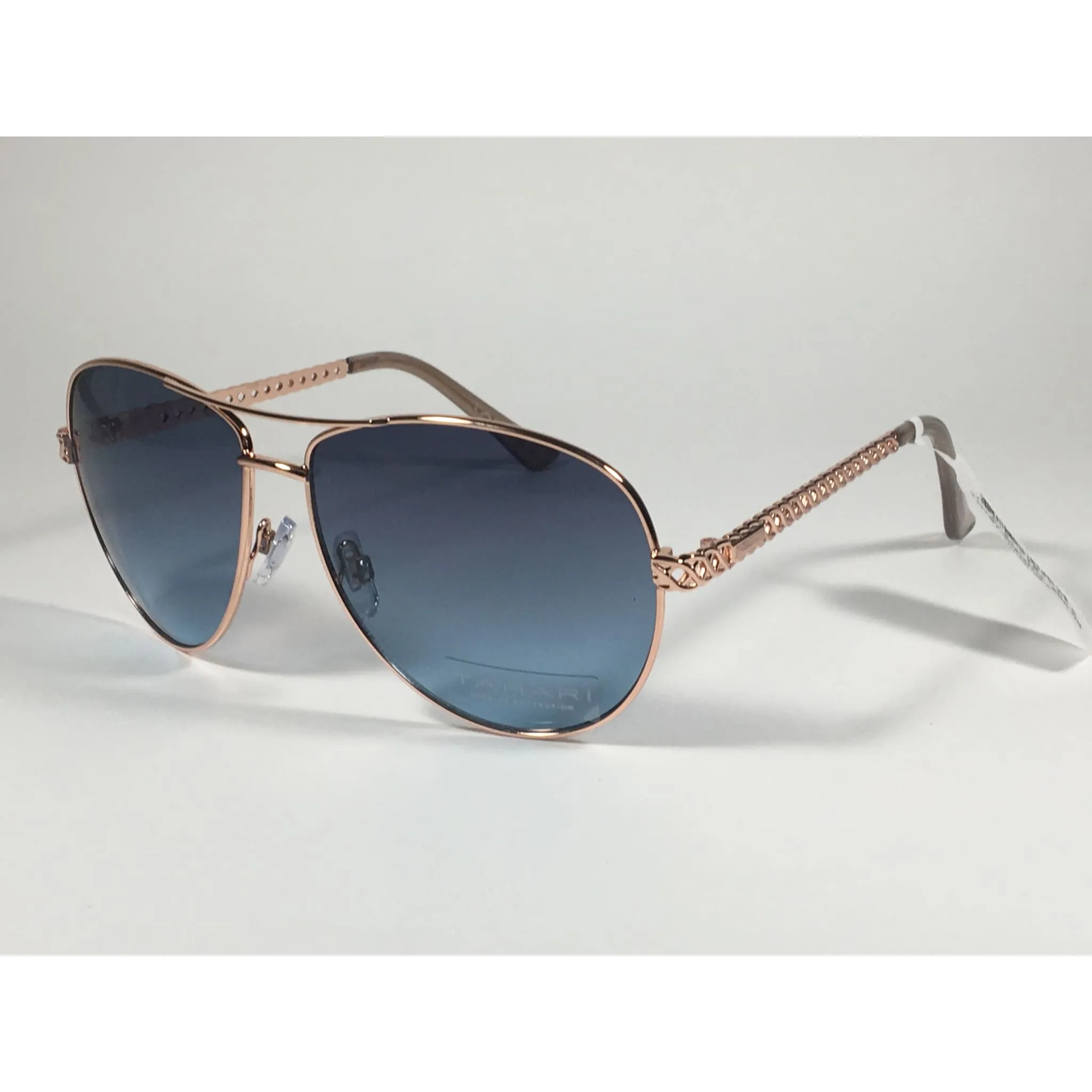 Tahari Aviator Pilot Sunglasses Rose Gold and Nude Frame Blue Lens TH757 RGDND