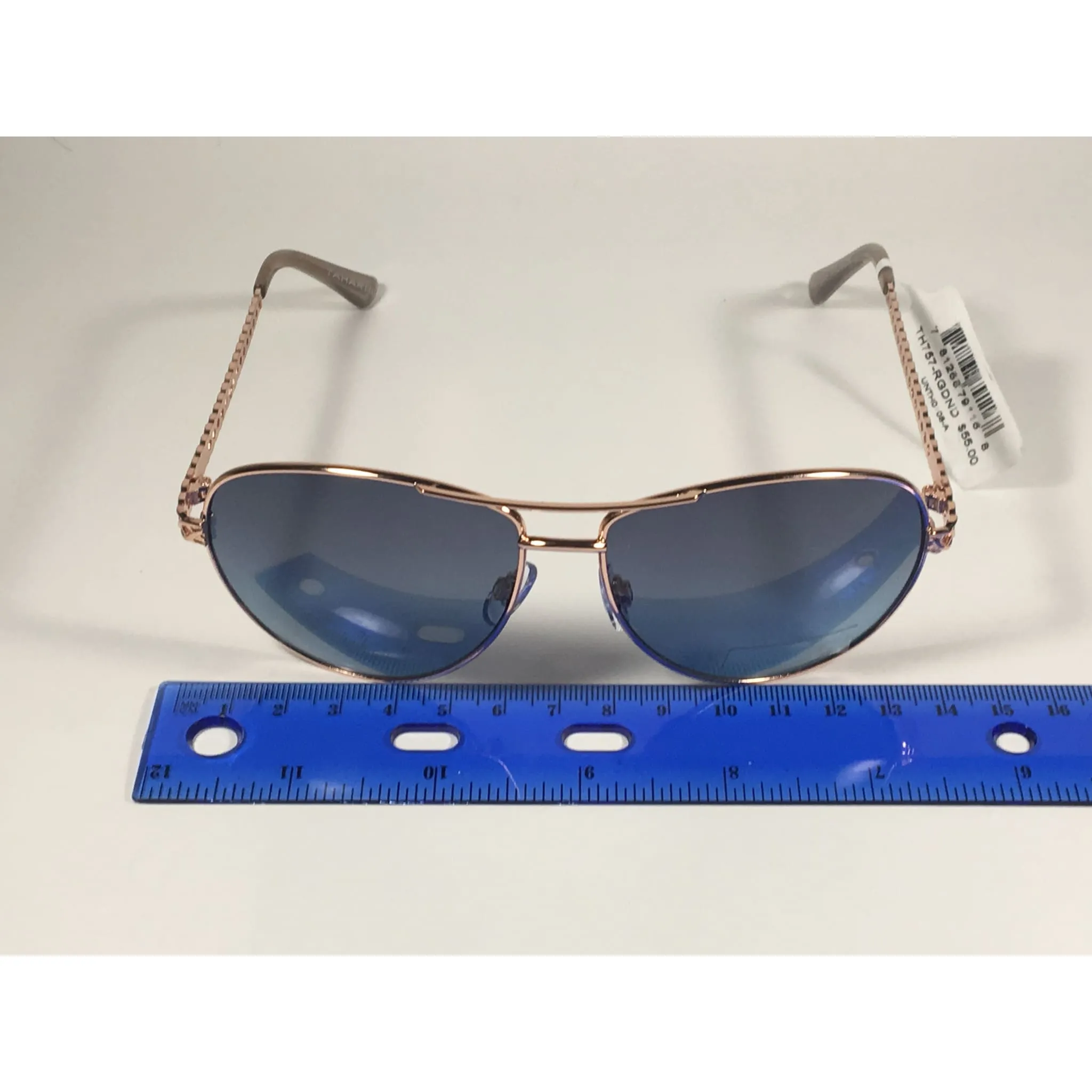 Tahari Aviator Pilot Sunglasses Rose Gold and Nude Frame Blue Lens TH757 RGDND