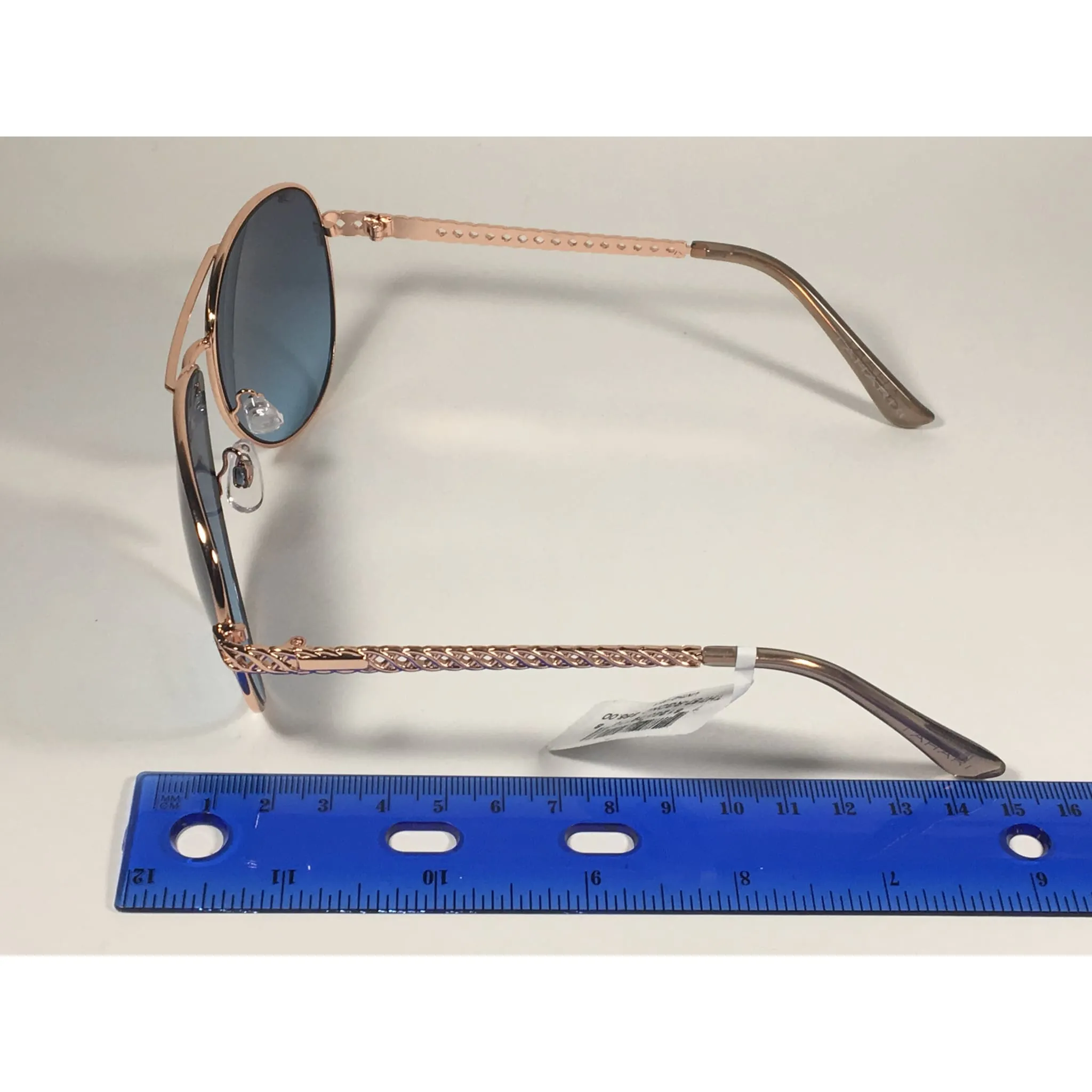 Tahari Aviator Pilot Sunglasses Rose Gold and Nude Frame Blue Lens TH757 RGDND