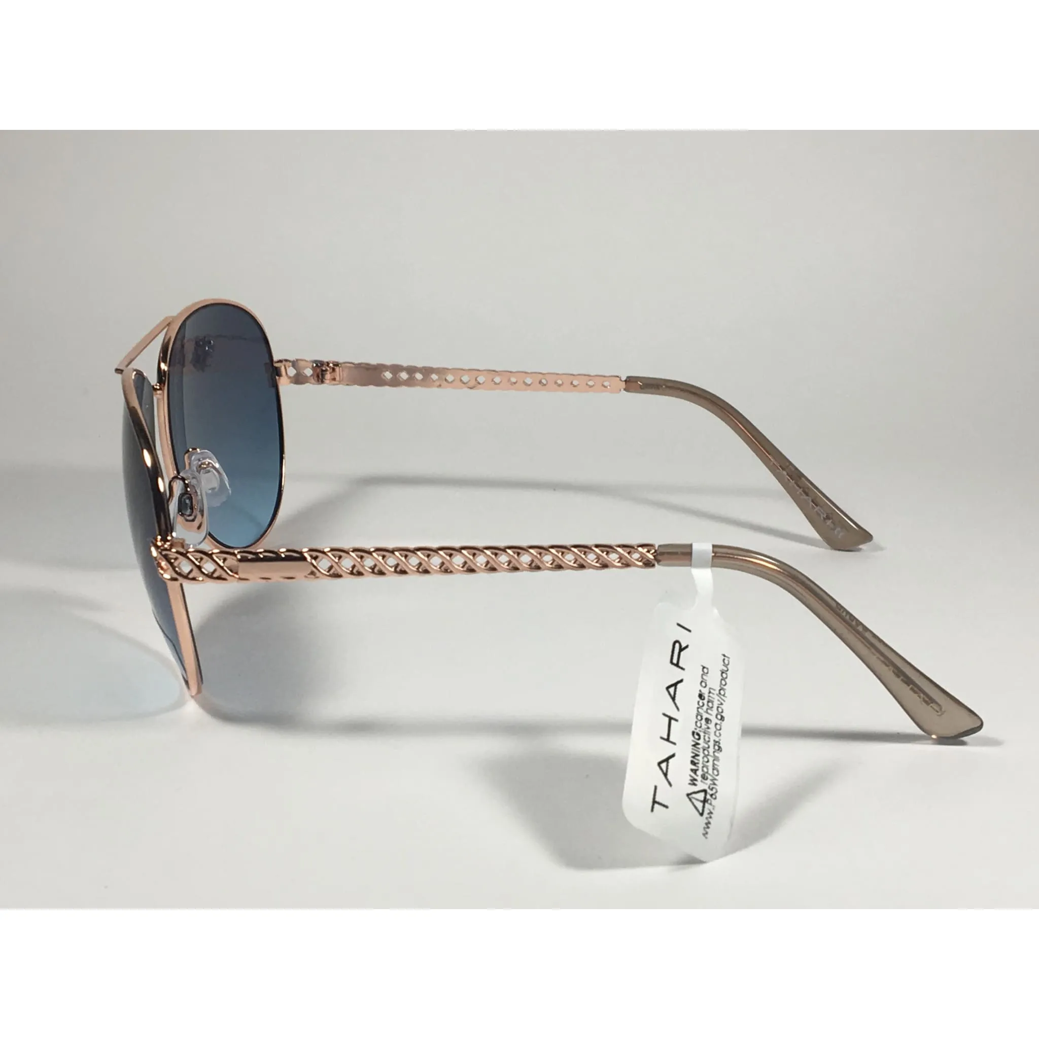 Tahari Aviator Pilot Sunglasses Rose Gold and Nude Frame Blue Lens TH757 RGDND