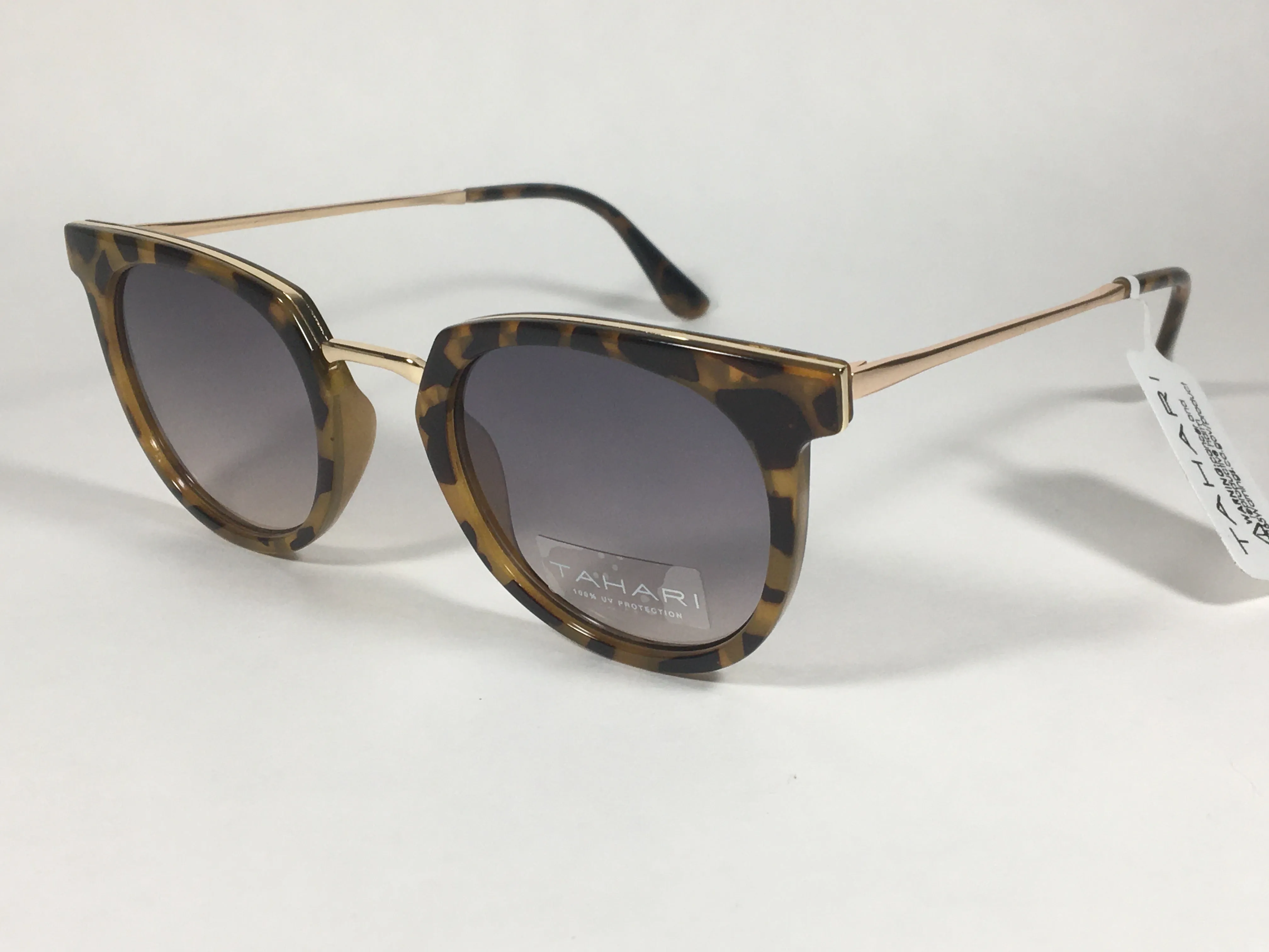 Tahari Round Sunglasses Brown Tortoise Gold Frame Gray Gradient Lens TH713 TS