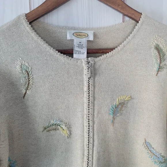 Talbots Beaded Embroidered Women’s M Cotton/Linen Zip Front Sweater Cardigan NWT
