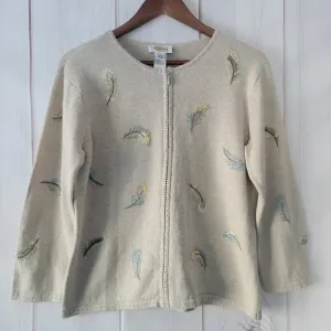 Talbots Beaded Embroidered Women’s M Cotton/Linen Zip Front Sweater Cardigan NWT