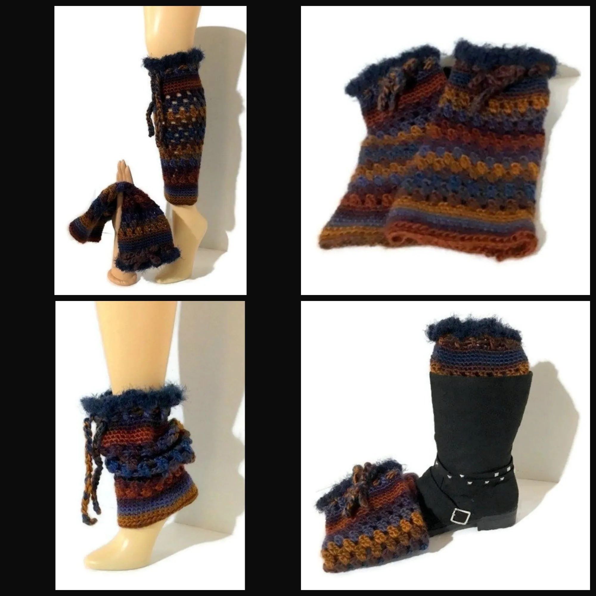 The Blue Andes leg warmers, rust gold, brown, purple, blue pair leg-warmers, crochet, woman size,  cold weather, holiday gift,